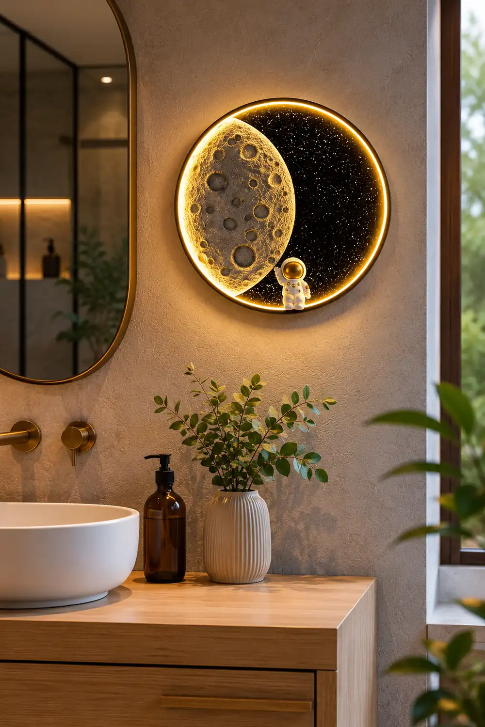 Elif Astronaut Round Moon Black Wall Lamp, Metal - Lumpaz