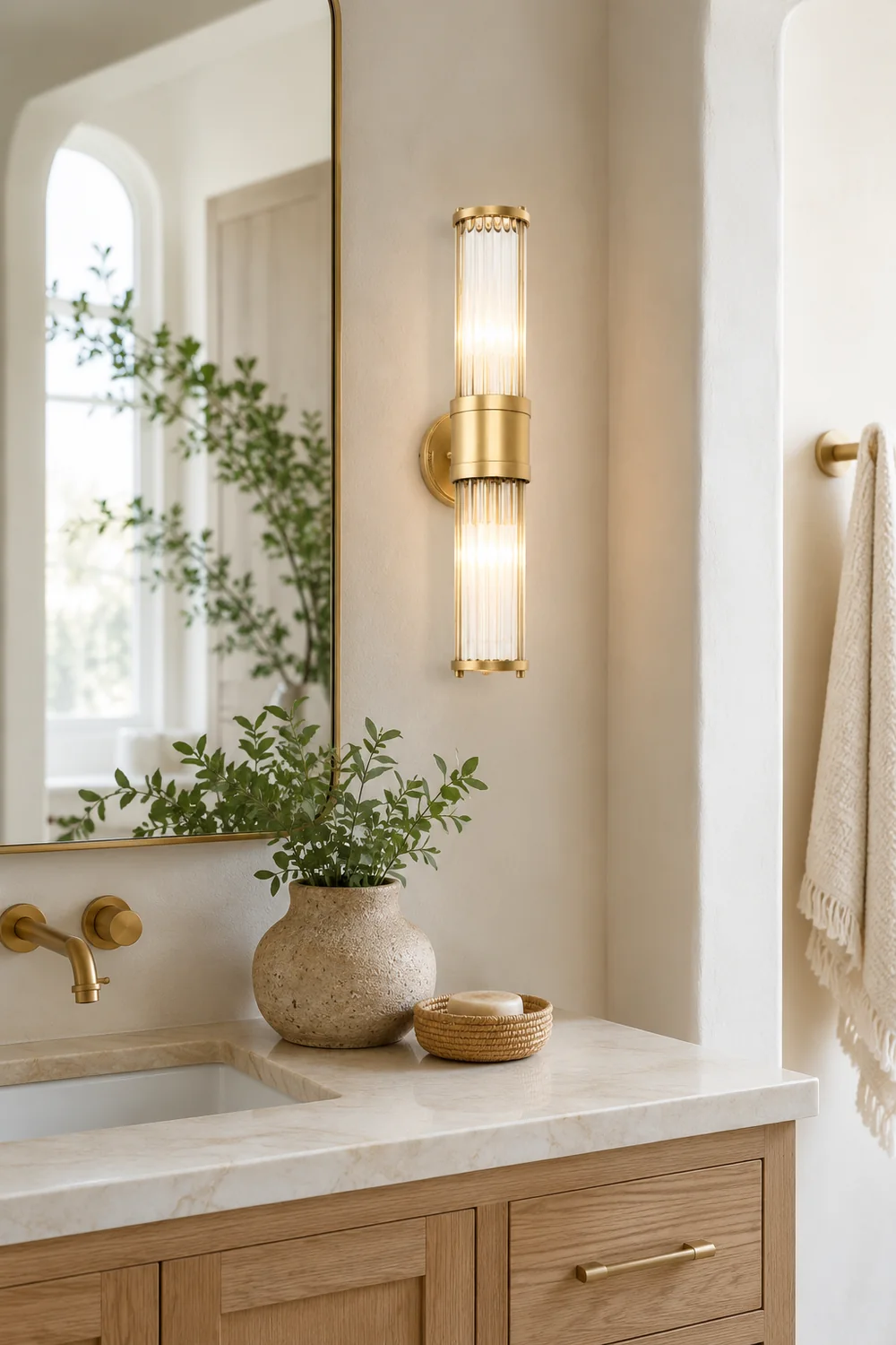 Leigh American Cylindrical Elegant Gold Glass/Metal Vanity Wall Lamp - Lumpaz
