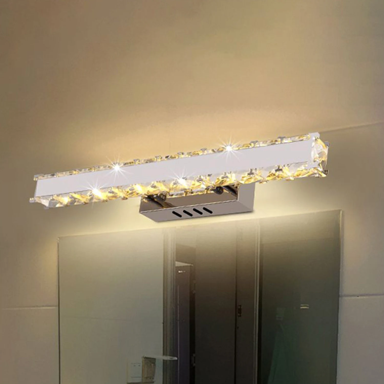 Kristy Modern Rectangular Metal/Crystal Mirror Front Wall Lamp, Gold - Lumpaz