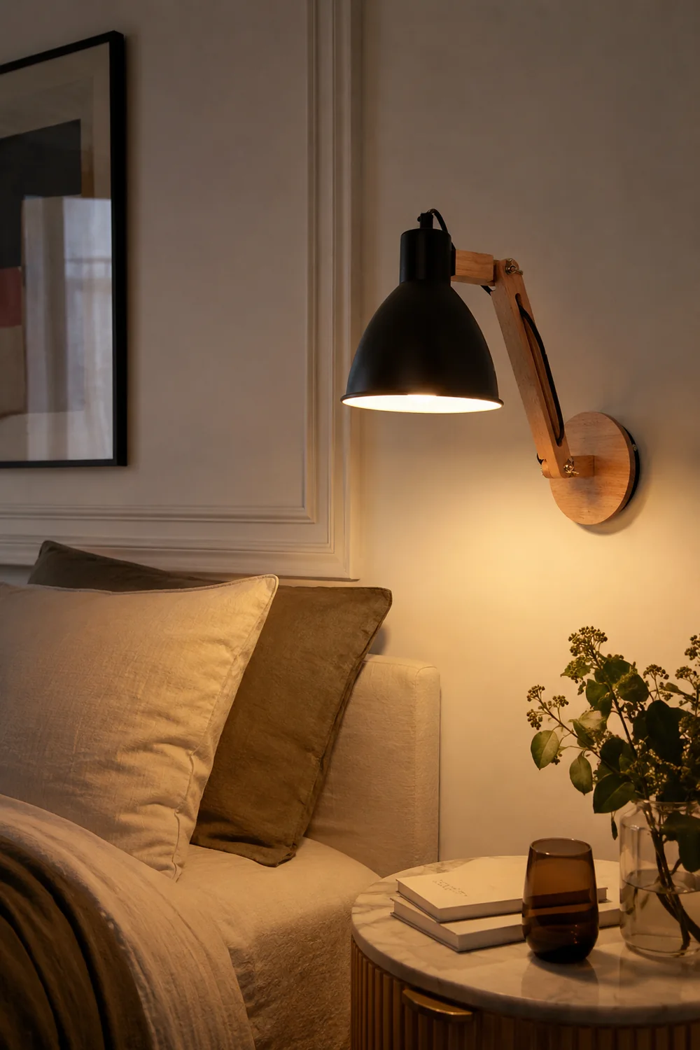Brady Wall Lamp Dome Modern, Adjustable Metal Wood, Black/White, Bedroom - Lumpaz