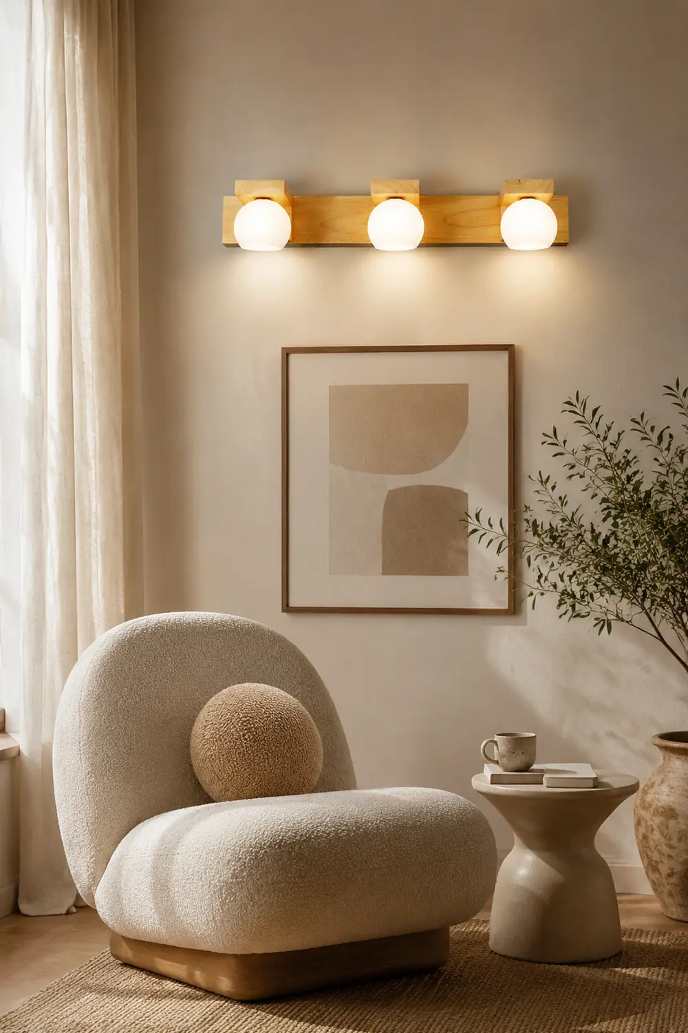 Ozawa Wooden Ball Mirror Front Vanity Wall Lamp, Log Color - Lumpaz