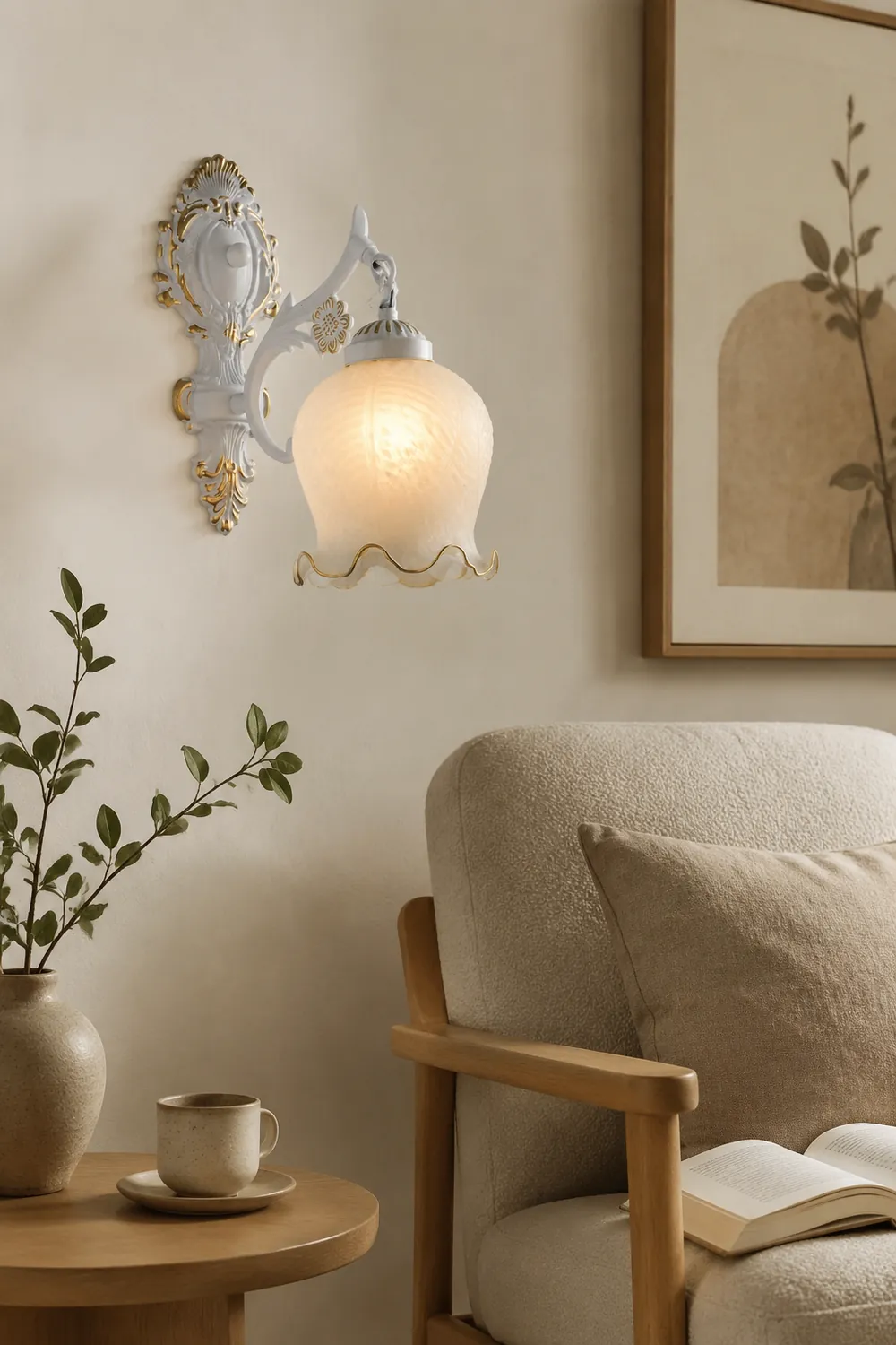 Félicie Vintage Flower shape Metal&Glass Modern Wall Lamp, White/Bronze - Lumpaz
