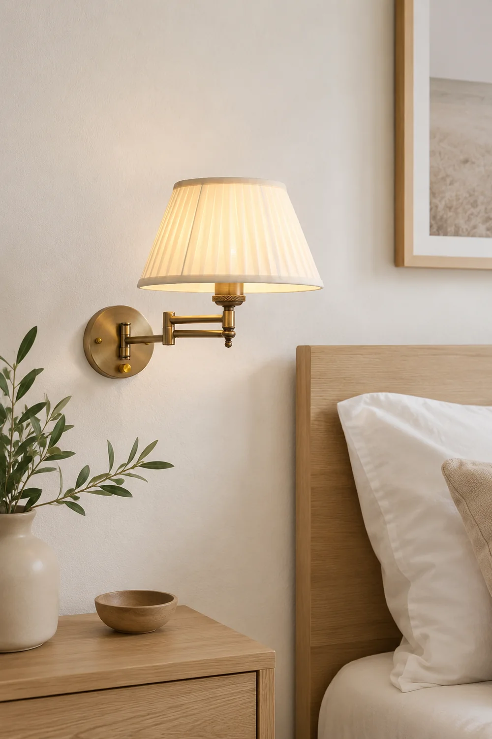 Carins Wall Lamp Vintage, Pleated Fabric Adjustable, White/Beige, Bedroom - Lumpaz