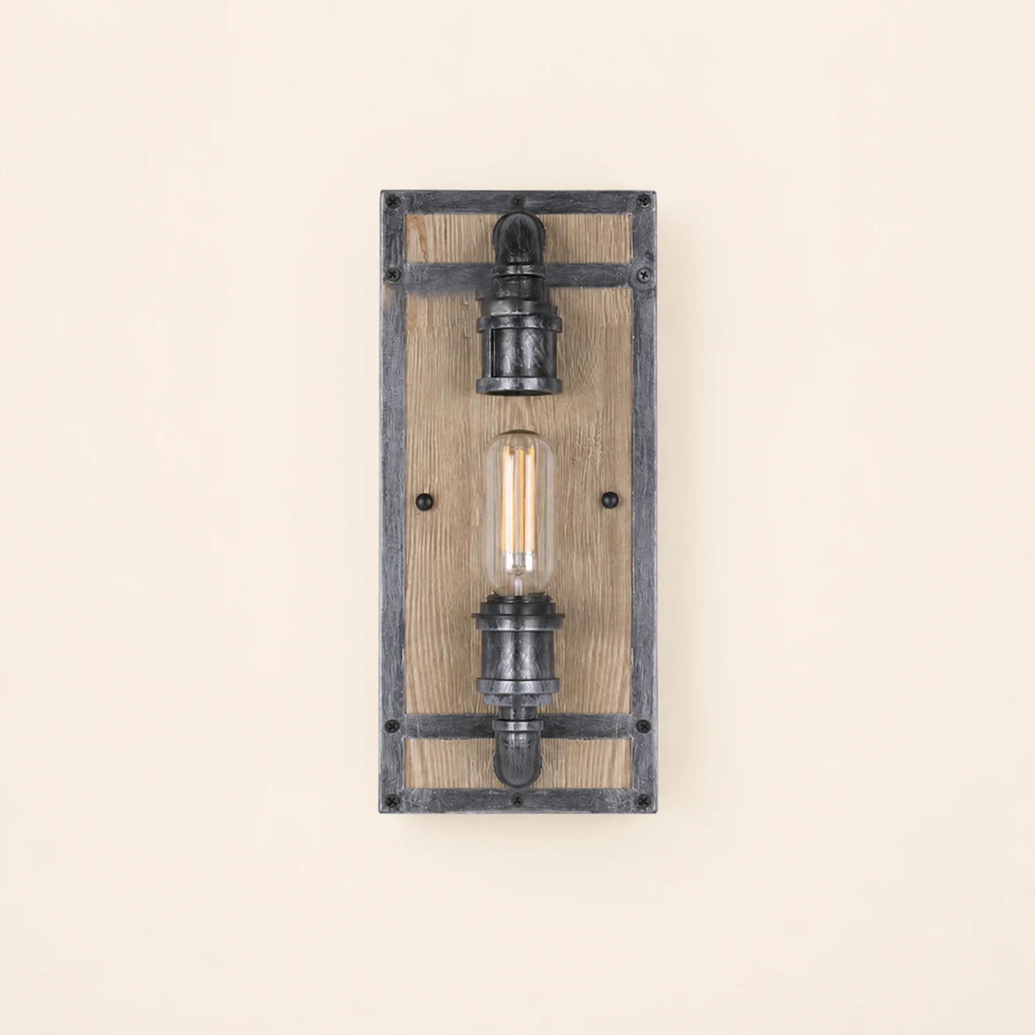 Alessio Wall Lamp Industrial Vintage Square Wooden Black Metal - Lumpaz