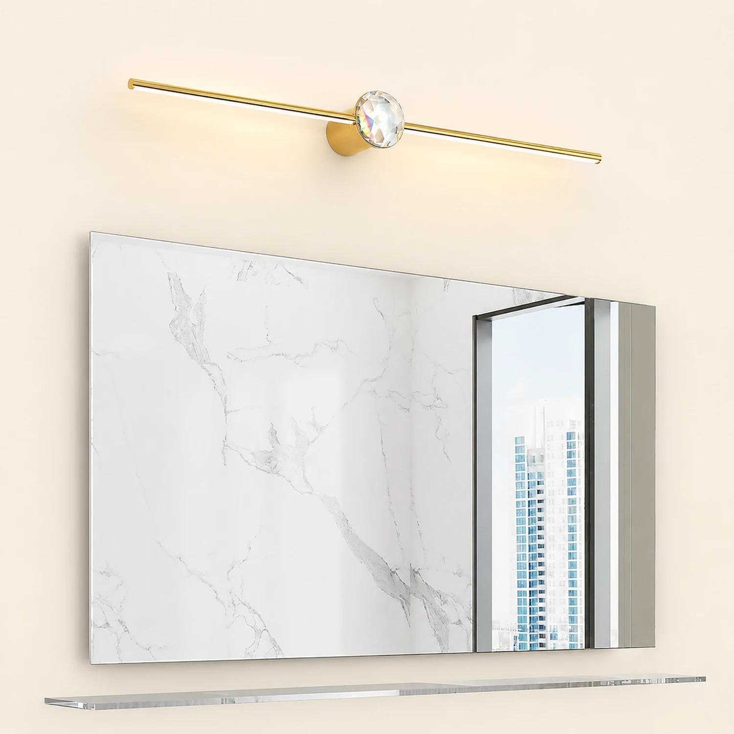 Kristy Minimalist Linear Metal/Crystal Mirror Front Vanity Wall Lamp, Gold - Lumpaz