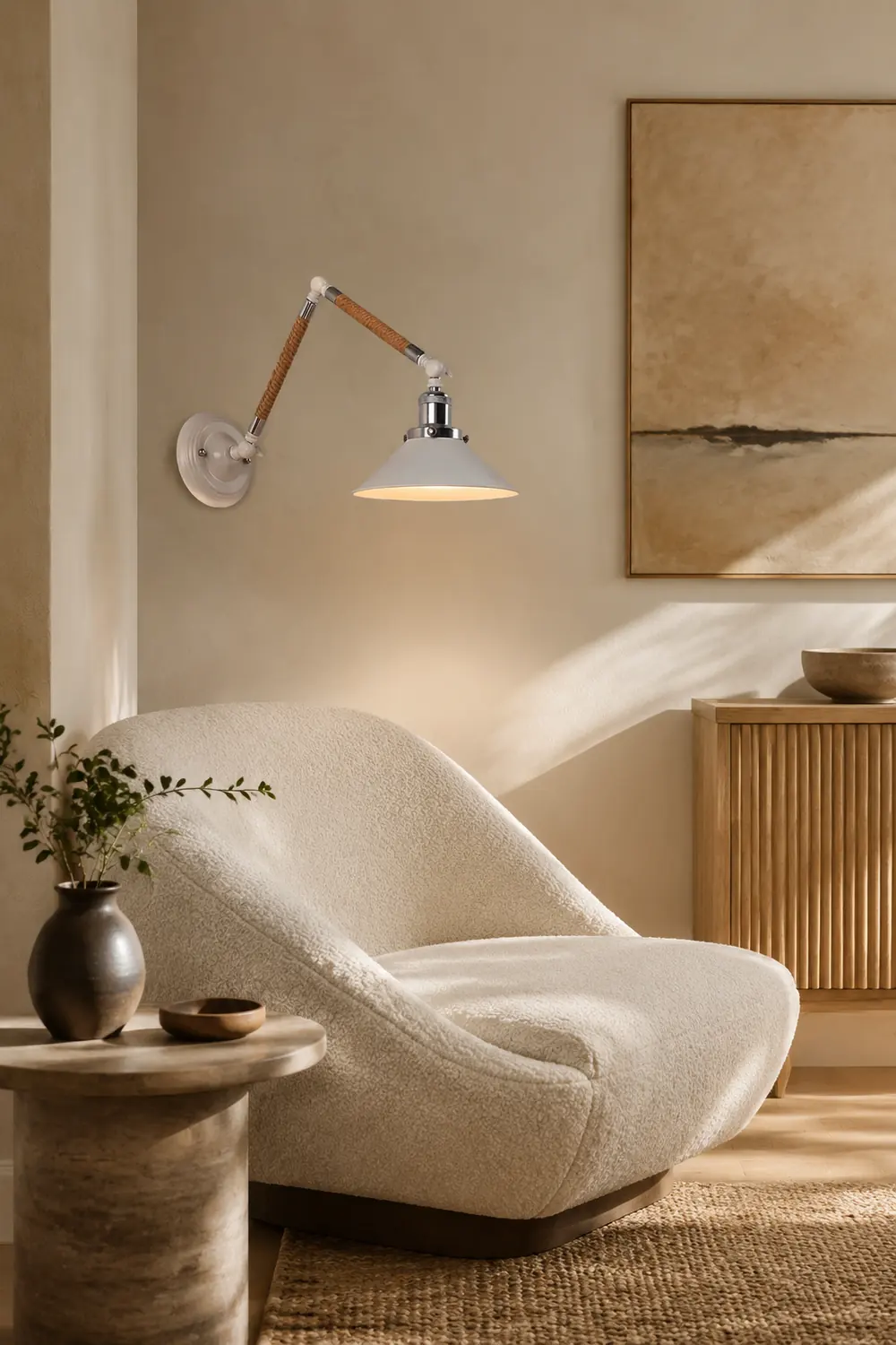 Carins Wall Lamp Hemp Modern, Rope/Metal Adjustable, White, Bedroom - Lumpaz