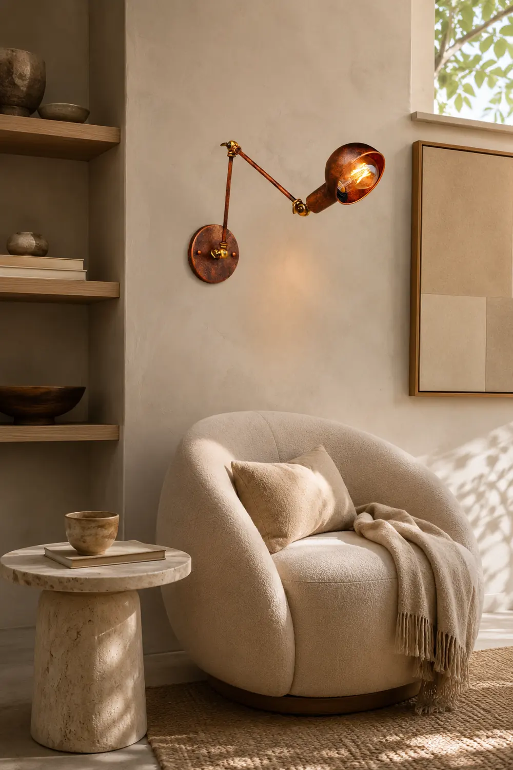 Brady Vintage Hemispheric Rust Adjustable Wall Lamp, Brass, Bedroom - Lumpaz