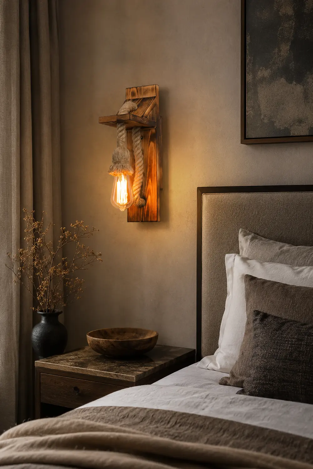 Austin Vintage Rectangular LED Wall Light, Wood/Hemp Rope, Dining Room - Lumpaz