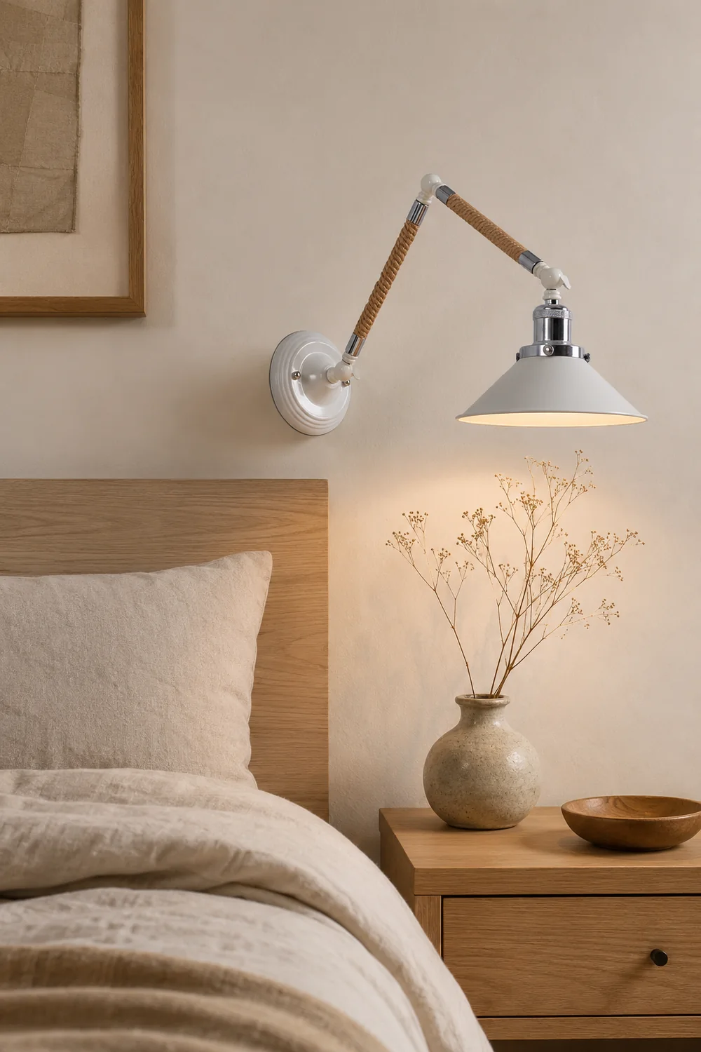 Carins Wall Lamp Hemp Modern, Rope/Metal Adjustable, White, Bedroom - Lumpaz