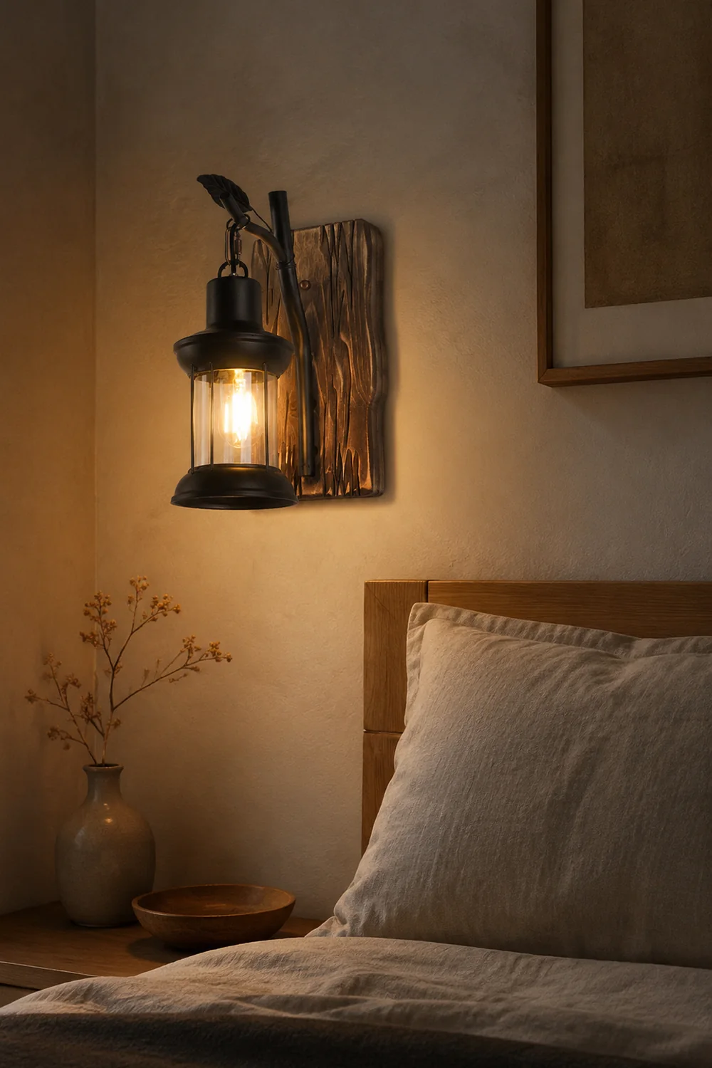 Austin Vintage Branches Lantern Wall Lamp, Metal/Wood, Black, Dining Room - Lumpaz