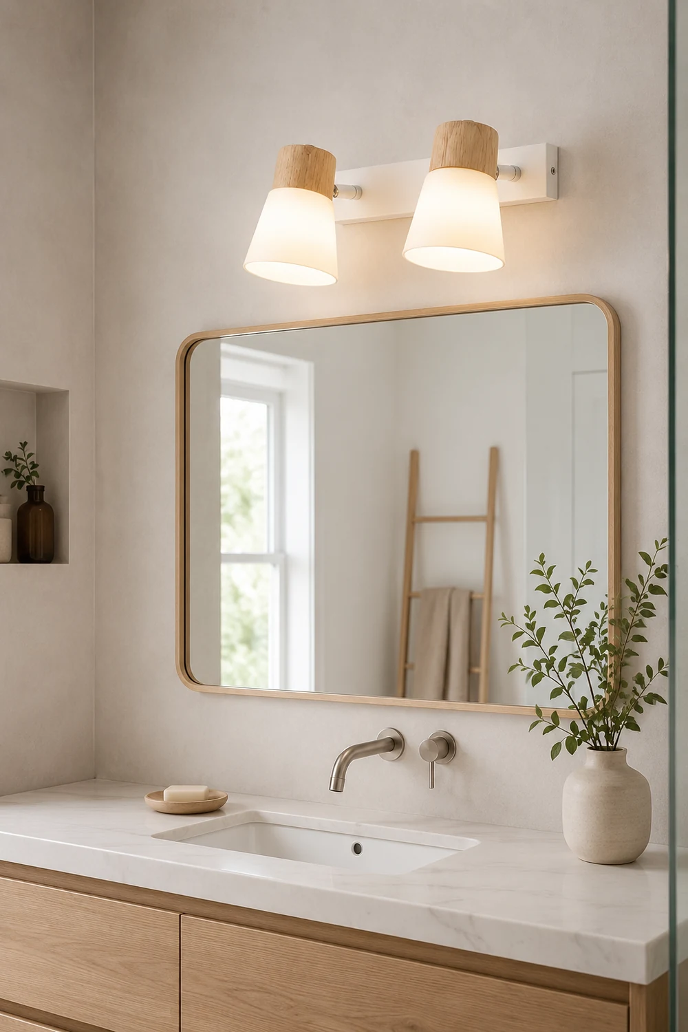 Ozawa Wall Lamp Nordic Vanity Mirror Front, Wood/Glass, White, Basement - Lumpaz