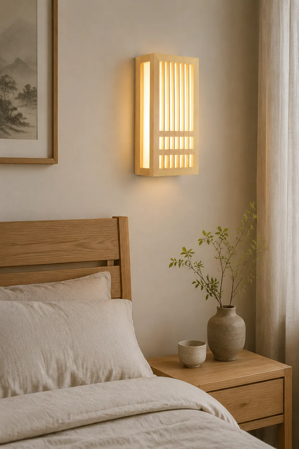 Ozawa Wall Lamp Rectangular Rustic, Wood/Acrylic, Log Color, Bedroom - Lumpaz