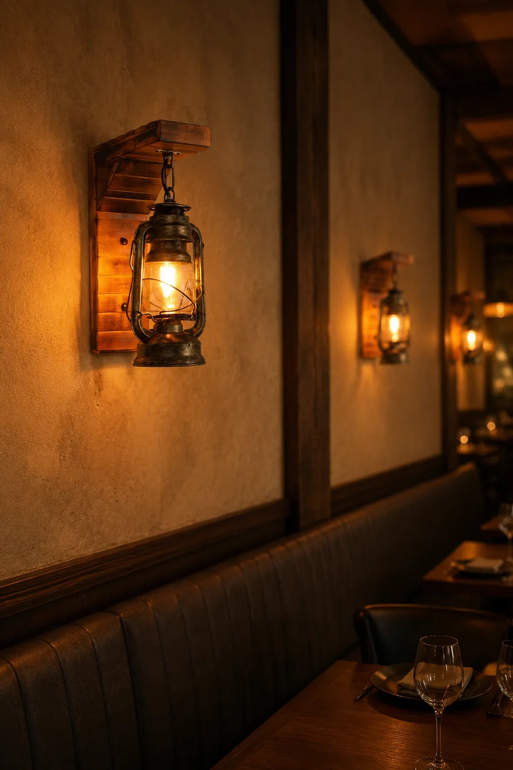 Austin Lantern Bedroom Wall Lamp, Metal/Wood, Restaurant - Lumpaz