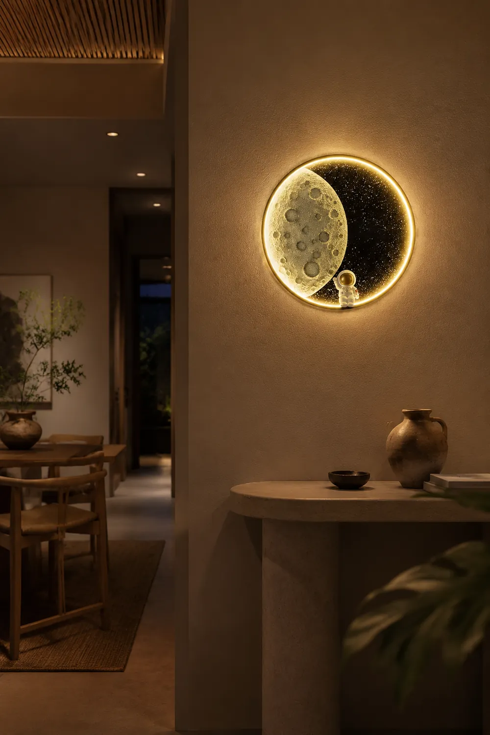 Elif Astronaut Round Moon Black Wall Lamp, Metal - Lumpaz