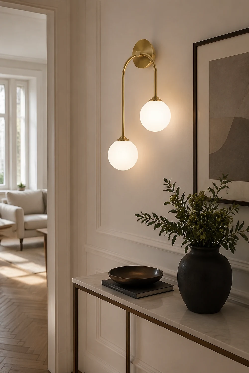 Valentina Modern Arc Globe Glass Wall Lamp, Brass, Living Room - Lumpaz