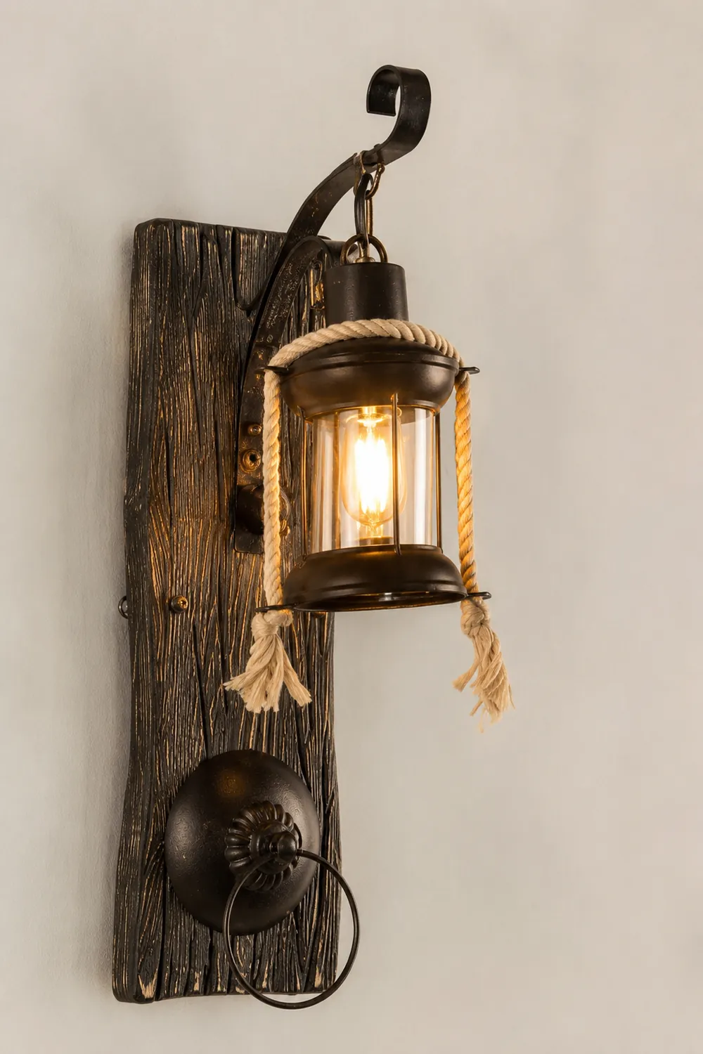Alessio Wall Lamp Retro Lantern Ring Black Wooden, Bedroom - Lumpaz