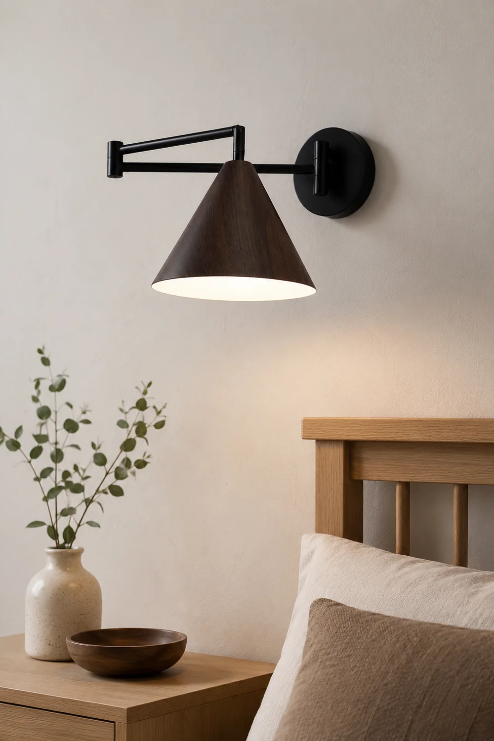 Ozawa Cone Shaped Adjustable Wall Lamp, Metal/Wood, Bedroom - Lumpaz