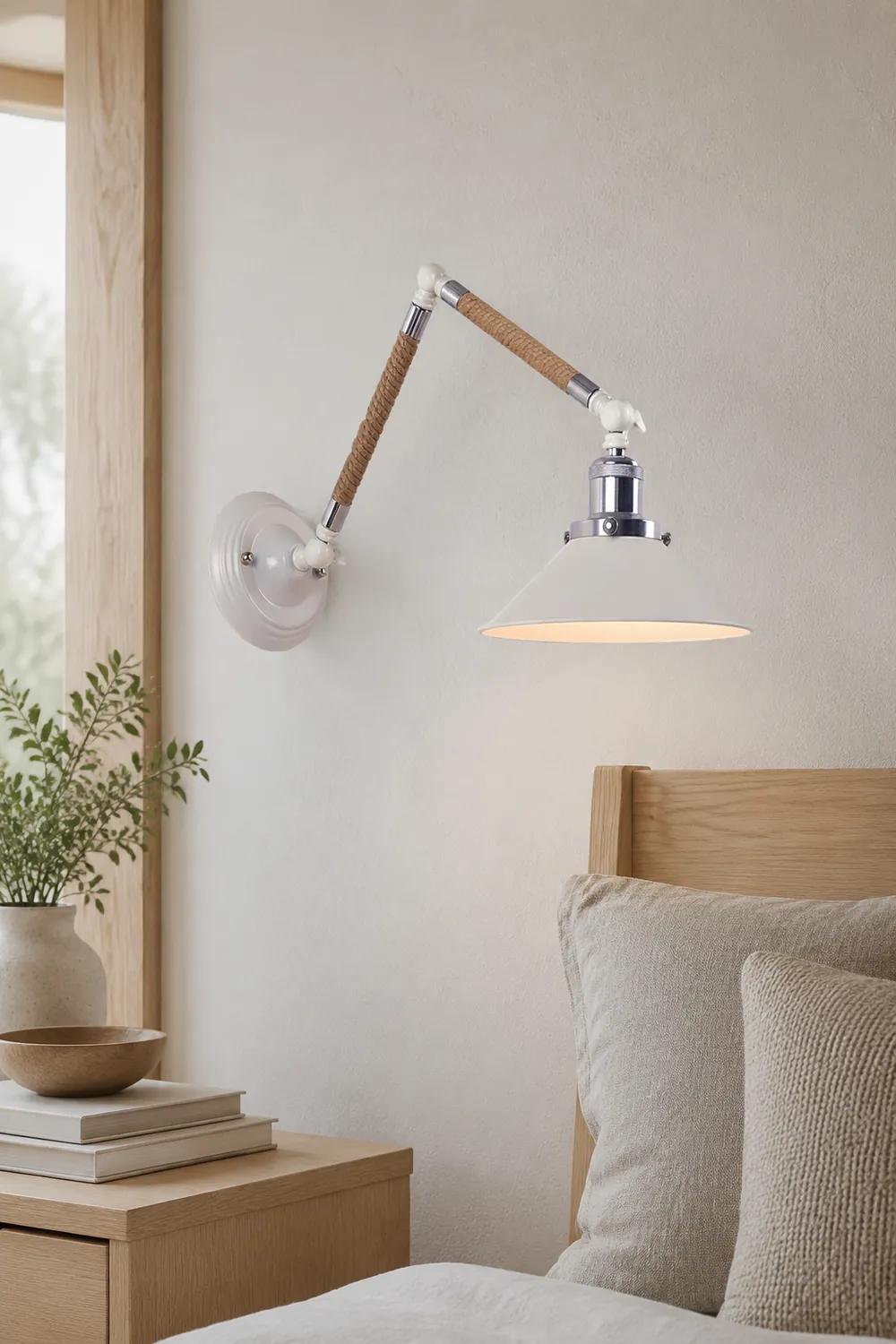 Carins Wall Lamp Hemp Modern, Rope/Metal Adjustable, White, Bedroom - Lumpaz