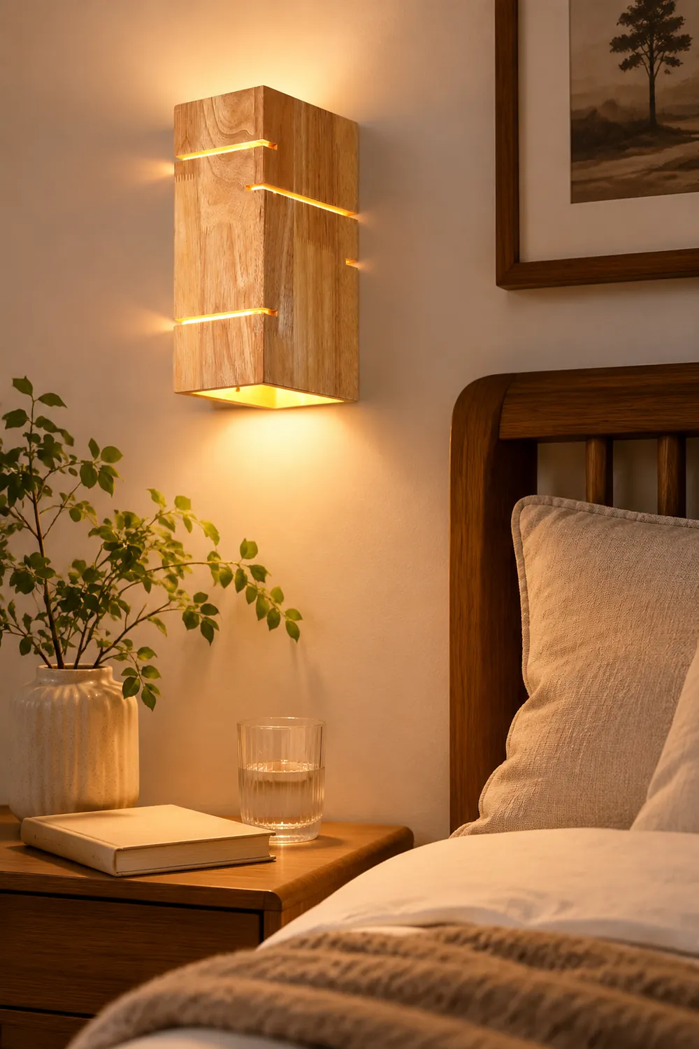 Ozawa Wall Lamp Rectangular Minimalist, Mounted Bedside, Wood, Bedroom - Lumpaz