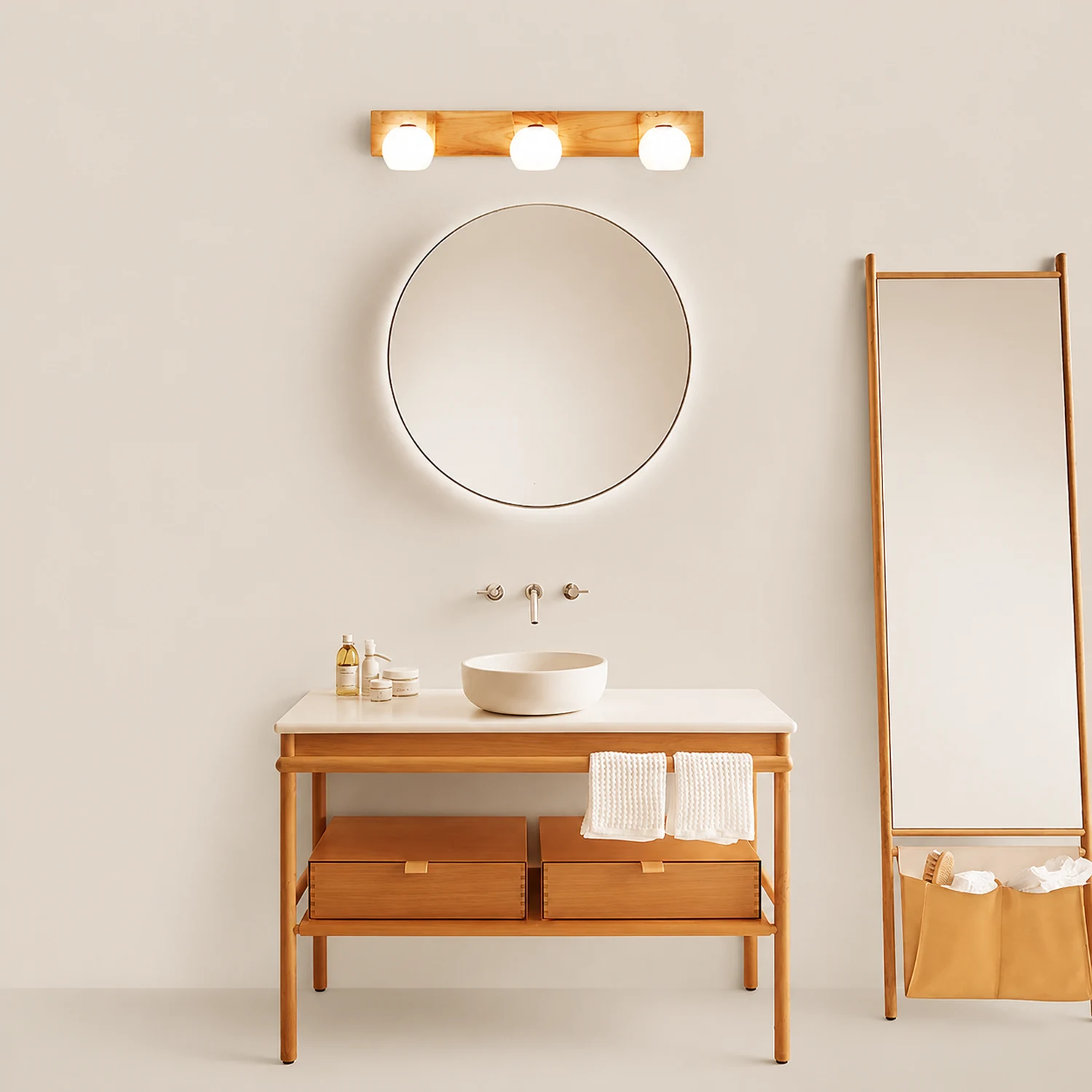 Ozawa Wooden Ball Mirror Front Vanity Wall Lamp, Log Color - Lumpaz