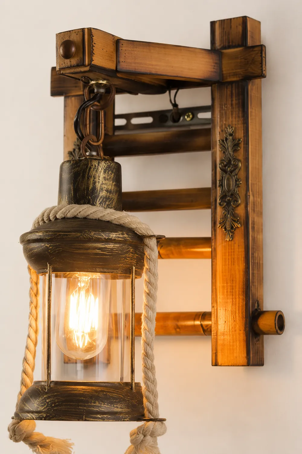 Austin Vintage Lantern Shape Wood Metal Wall Lamp - Lumpaz