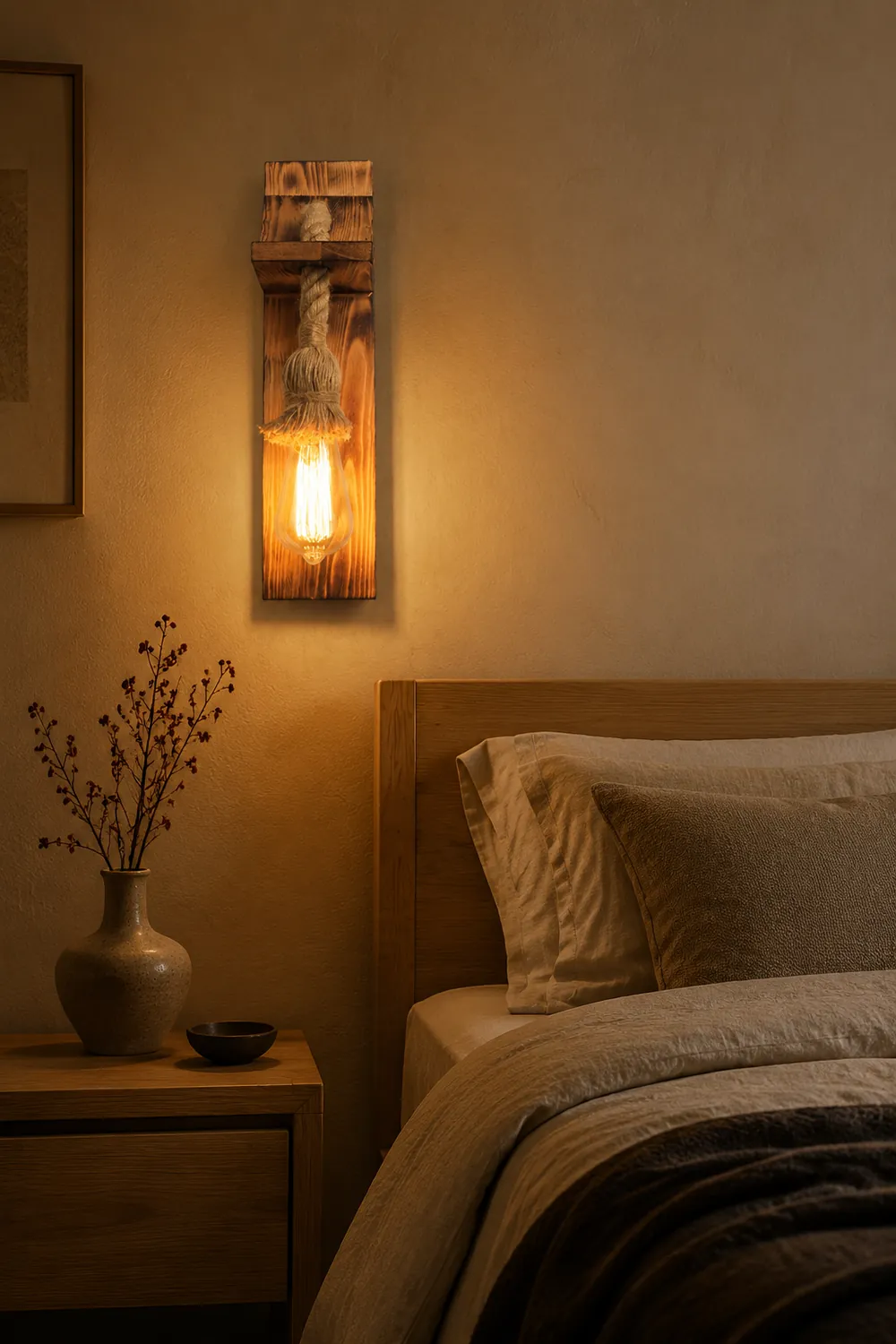 Austin Vintage Rectangular LED Wall Light, Wood/Hemp Rope, Dining Room - Lumpaz