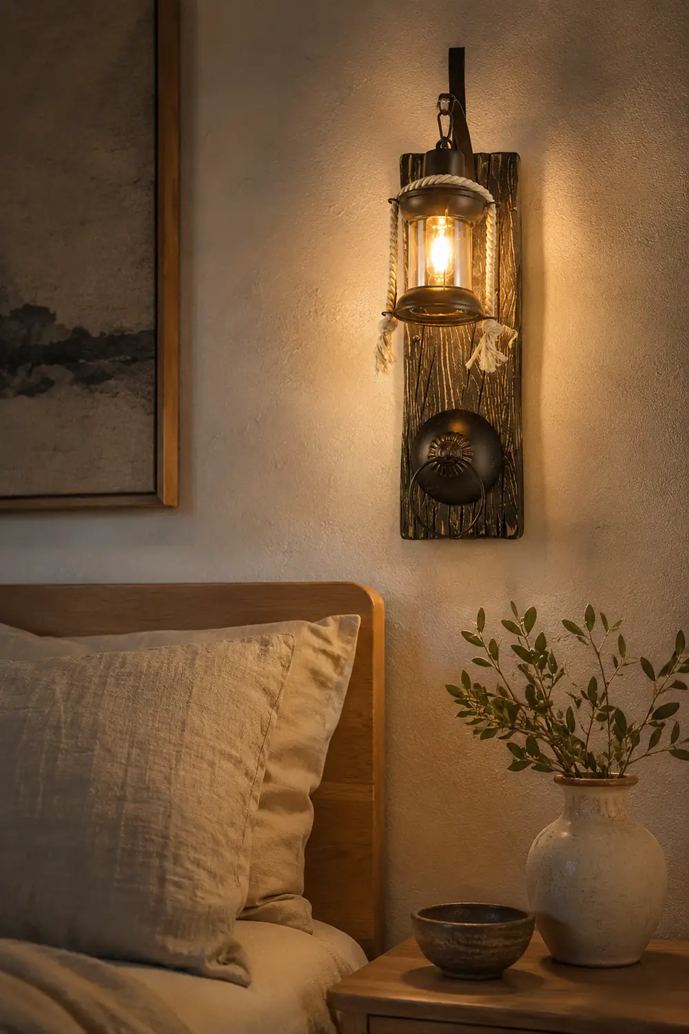 Alessio Wall Lamp Retro Lantern Ring Black Wooden, Bedroom - Lumpaz