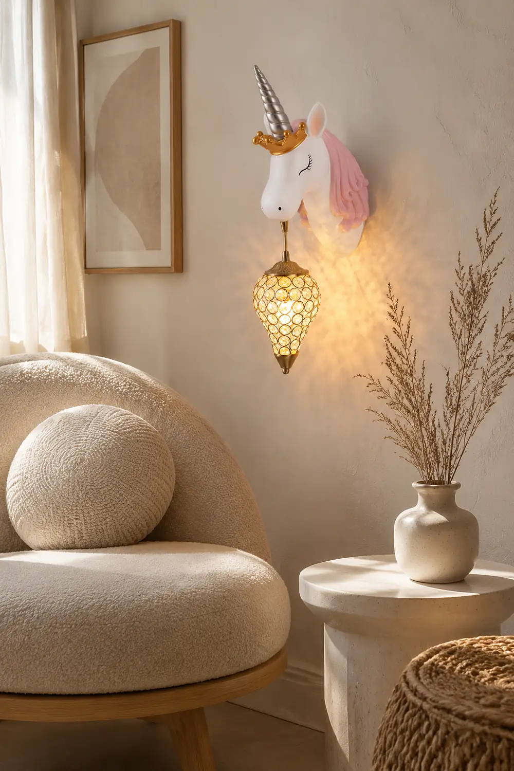 Minori Modern Unicorn/Strawberry Art Wall Lamp, Pink/Blue - Lumpaz