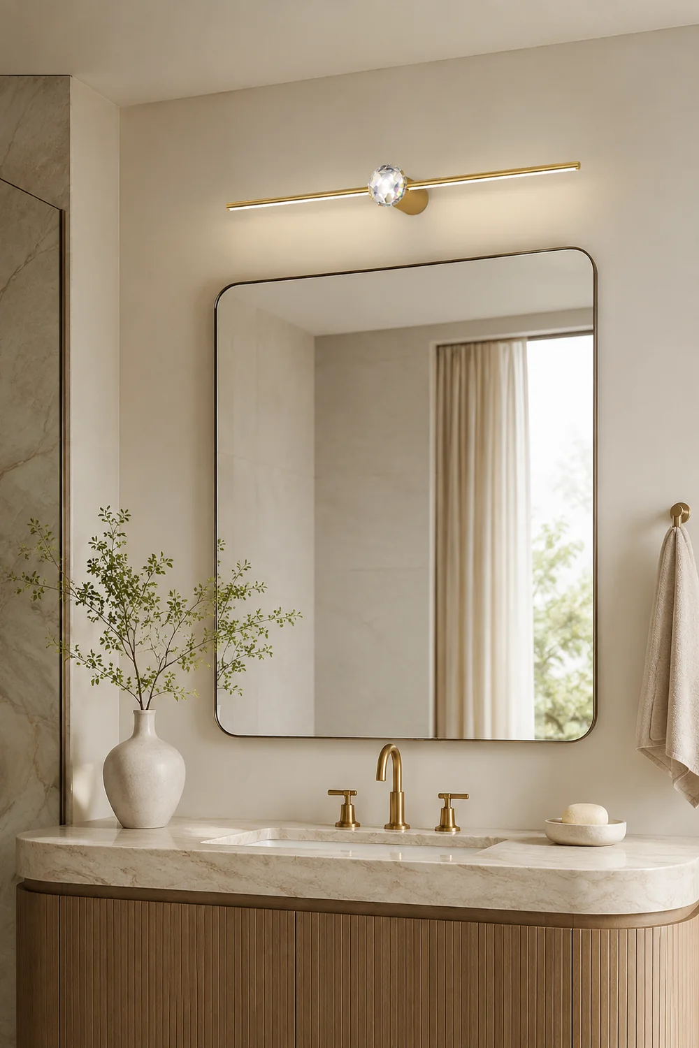 Kristy Minimalist Linear Metal/Crystal Mirror Front Vanity Wall Lamp, Gold - Lumpaz