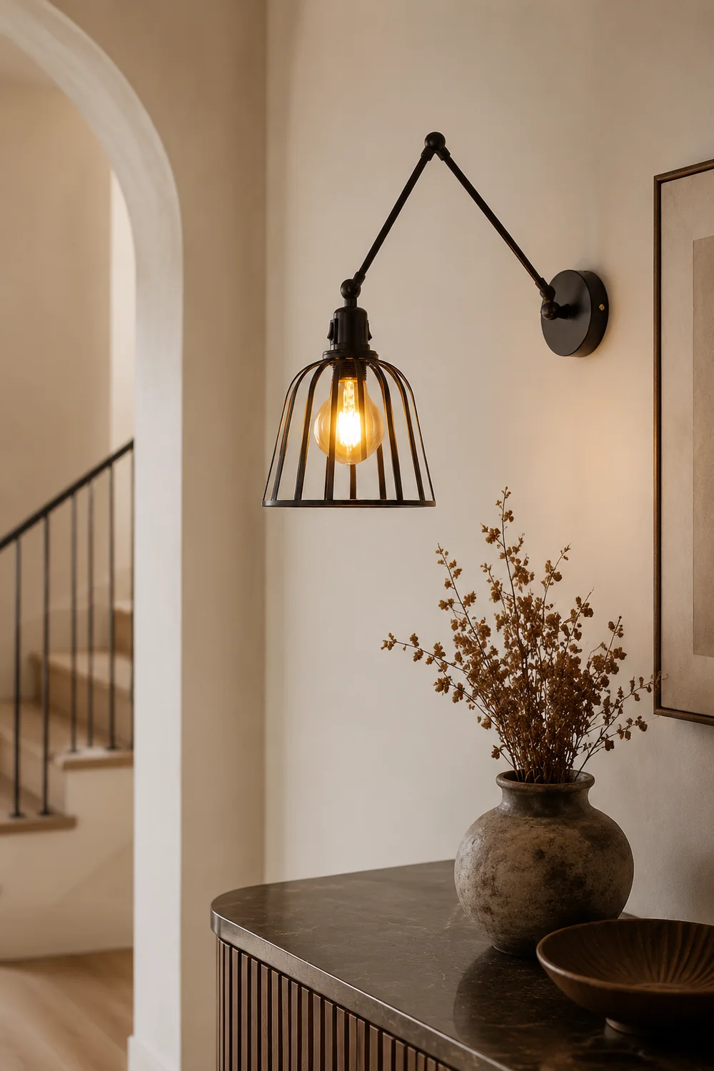 Alessio Vintage Cage Adjustable Wall Lamp, Metal, Black, Living Room - Lumpaz