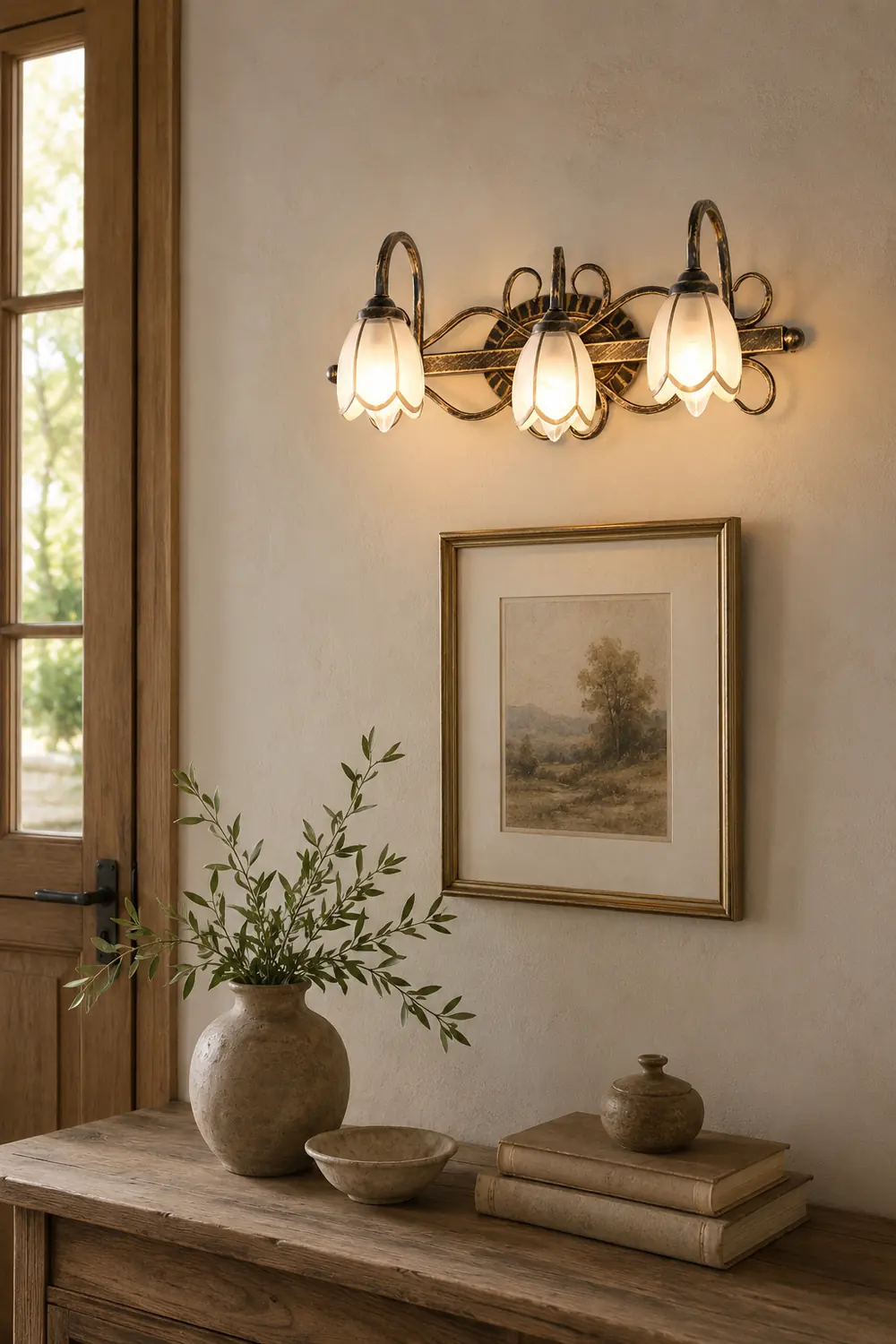 Félicie Antique Flower Metal/Glass Wall Lamp, Brass, Bedroom - Lumpaz