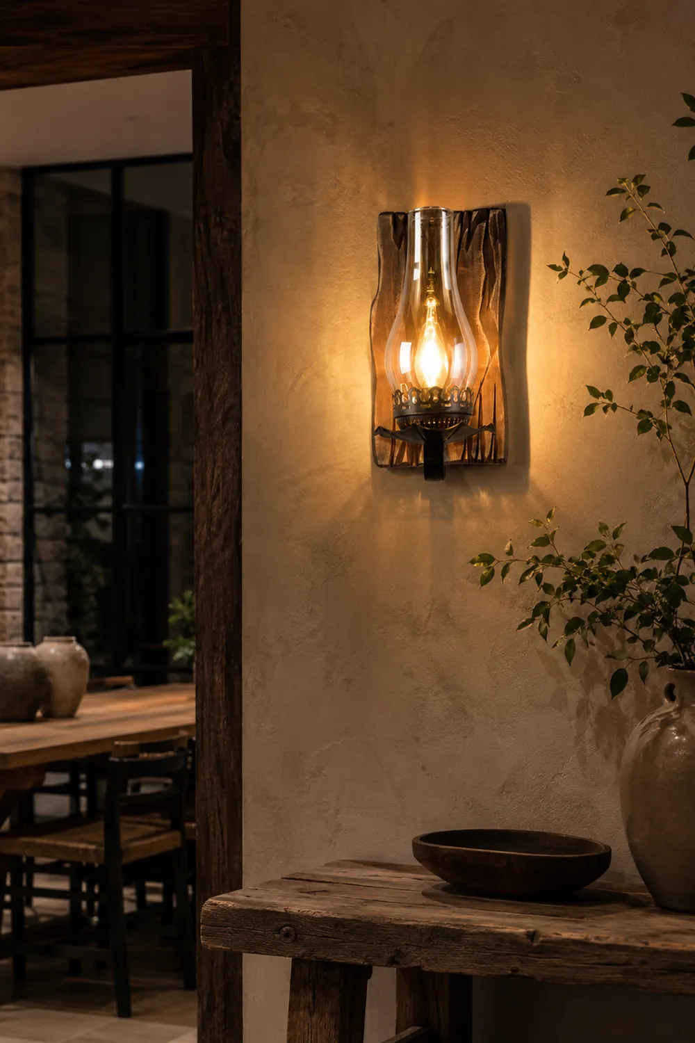 Austin Wall Lamp Vintage Candle Wooden Glass, Bedroom - Lumpaz