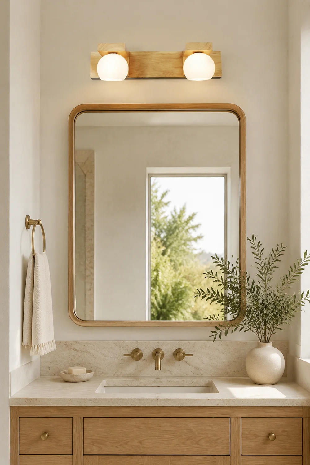 Ozawa Wooden Ball Mirror Front Vanity Wall Lamp, Log Color - Lumpaz