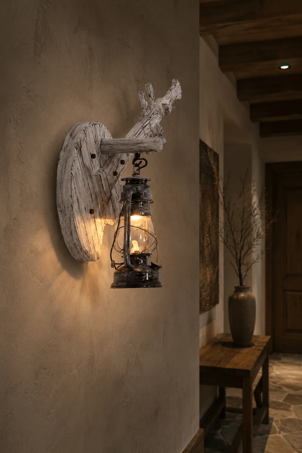Austin Wall Lamp Lute Vintage Lantern Wooden Gray, Dining Room - Lumpaz