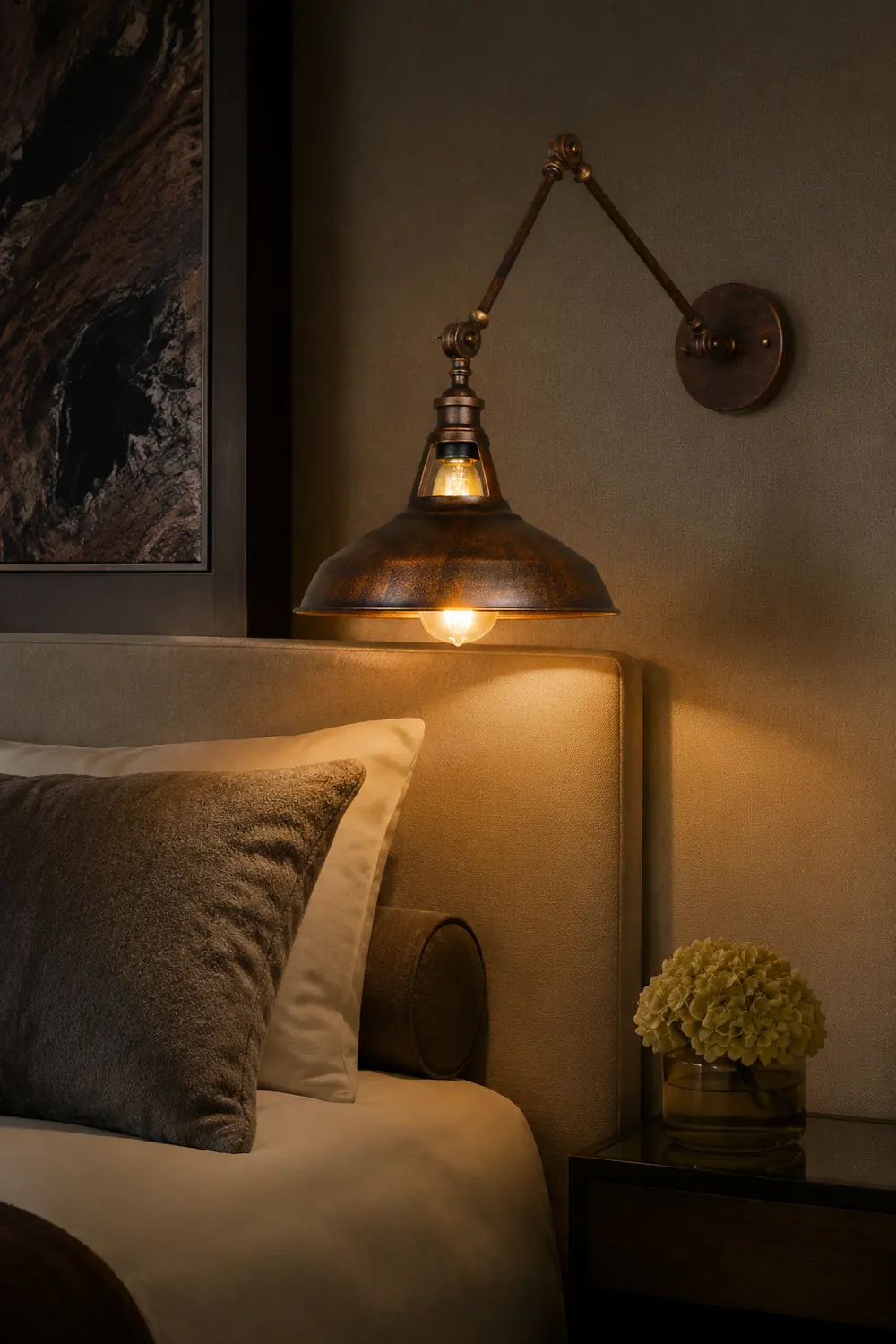Brady Wall Lamp Dome Modern, Metal Adjustable, Black/Rust, Bedroom - Lumpaz