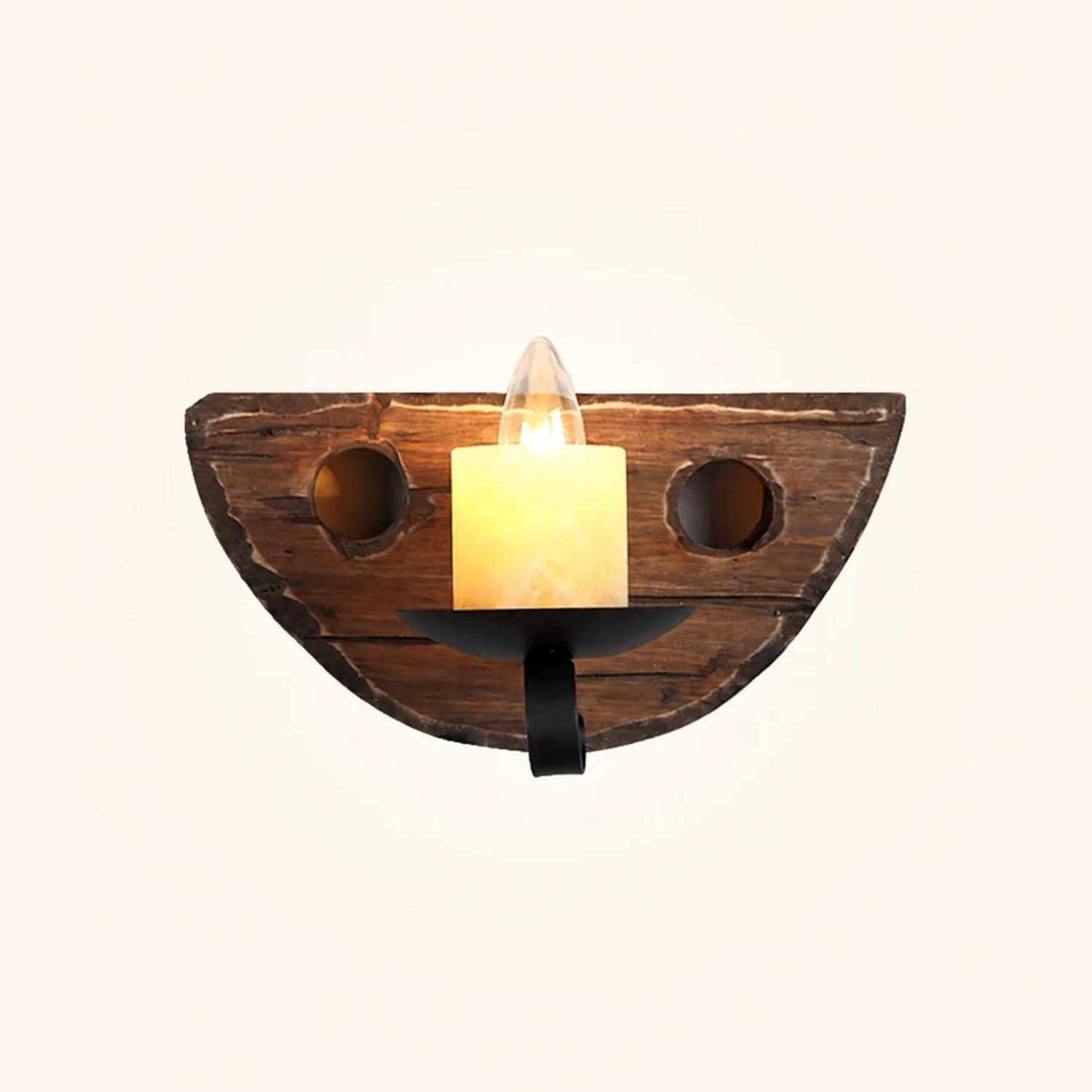 Austin Vintage Candle Semicircle Wall Lamp, Wood/Metal, Bedroom - Lumpaz