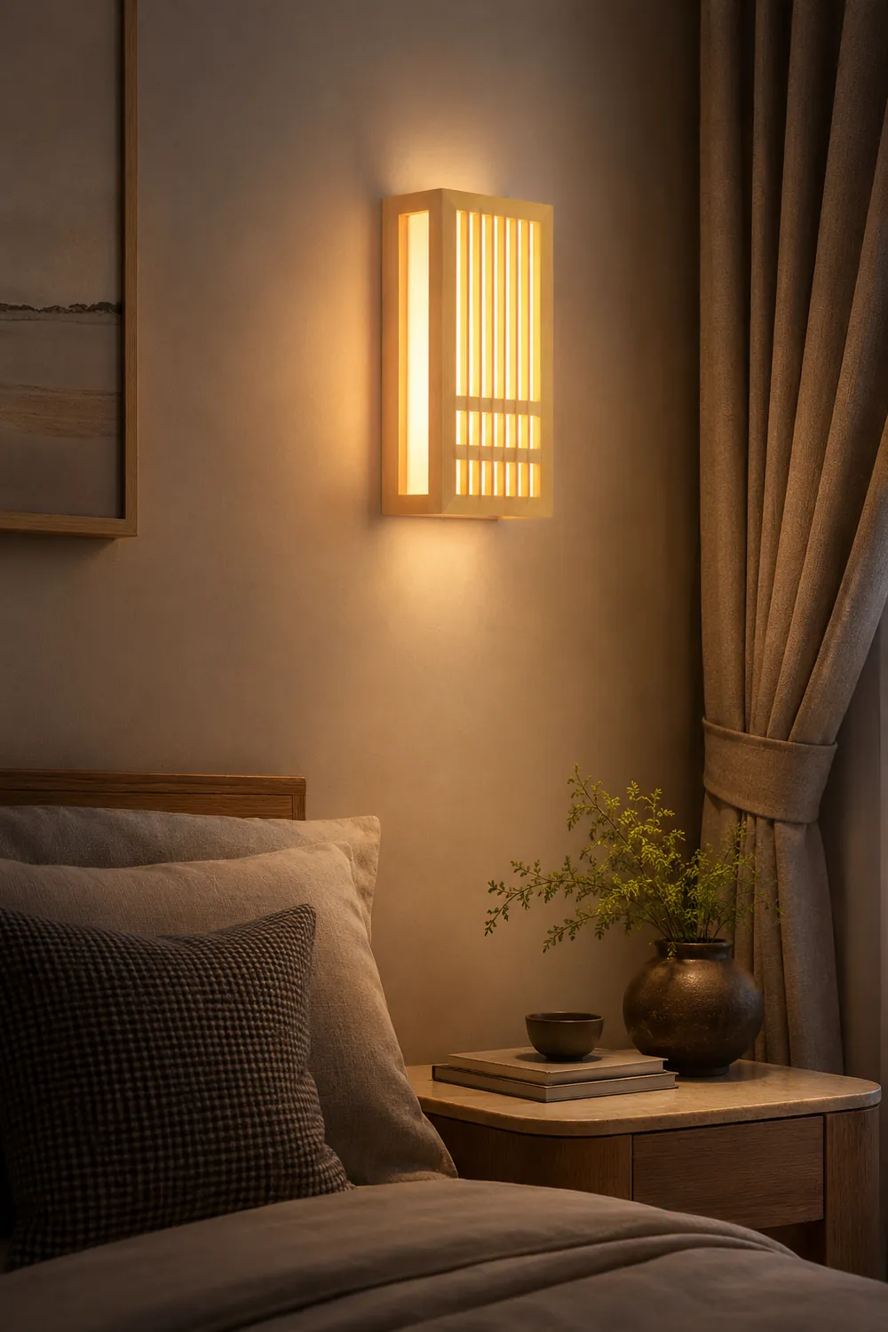 Ozawa Wall Lamp Rectangular Rustic, Wood/Acrylic, Log Color, Bedroom - Lumpaz