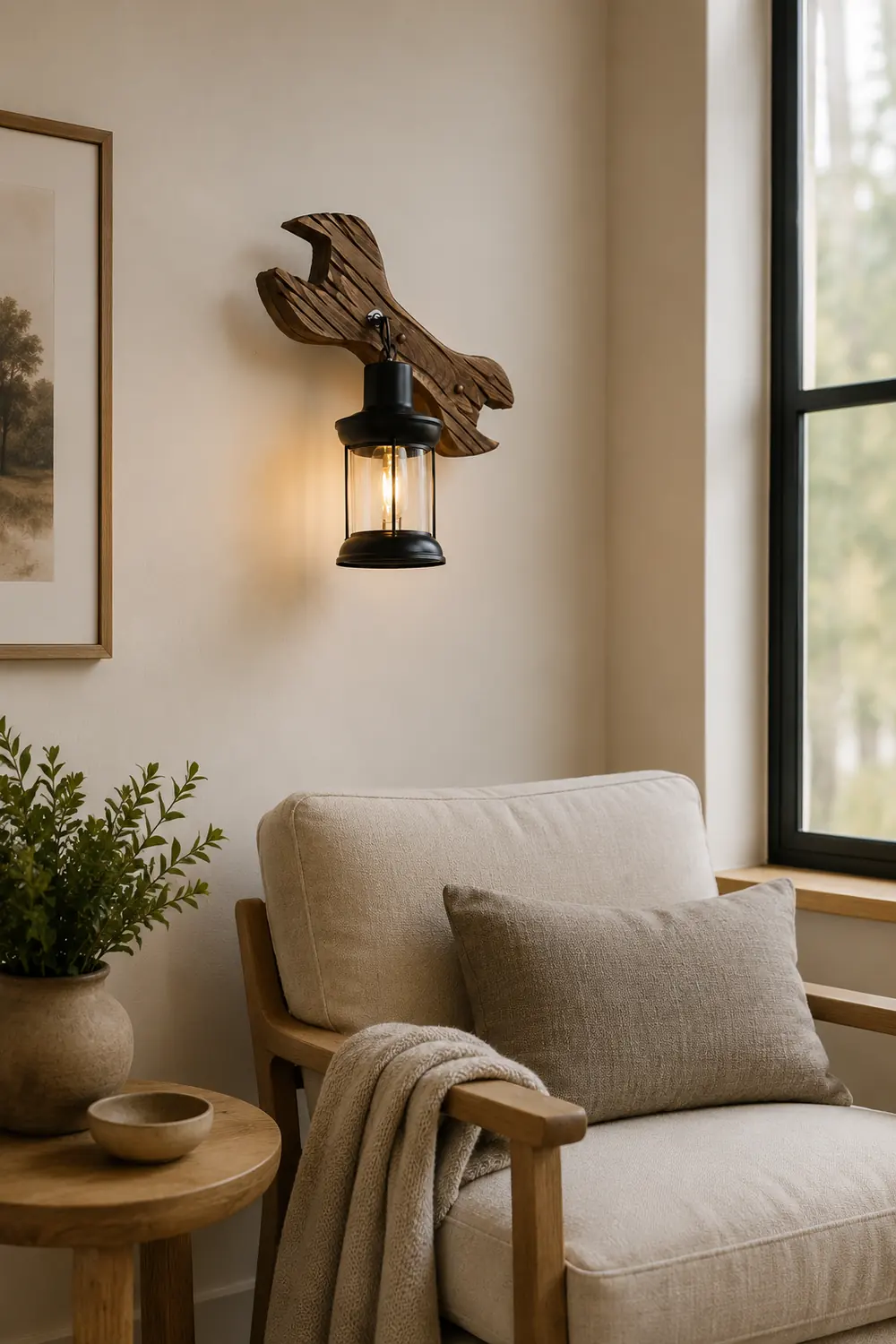 Austin Lantern & Spanners Wall Lamp, Wood/Metal, Bedroom - Lumpaz