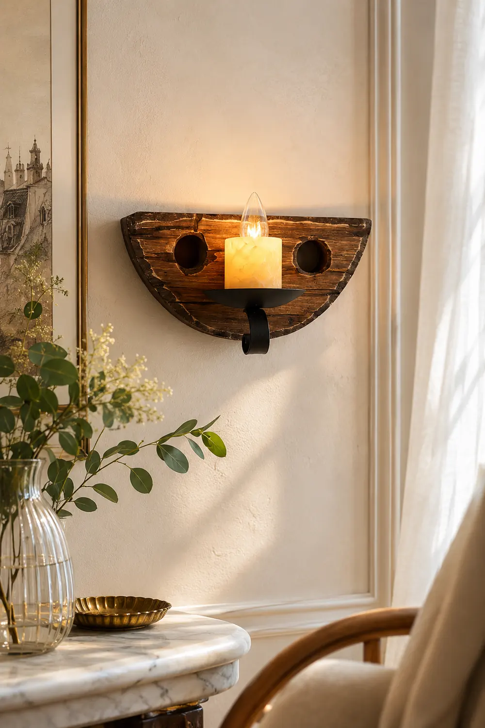 Austin Vintage Candle Semicircle Wall Lamp, Wood/Metal, Bedroom - Lumpaz