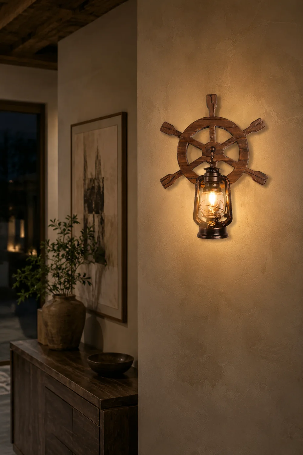 Austin Wall Lamp Retro Rudder Lantern Brown Wooden, Bedroom - Lumpaz