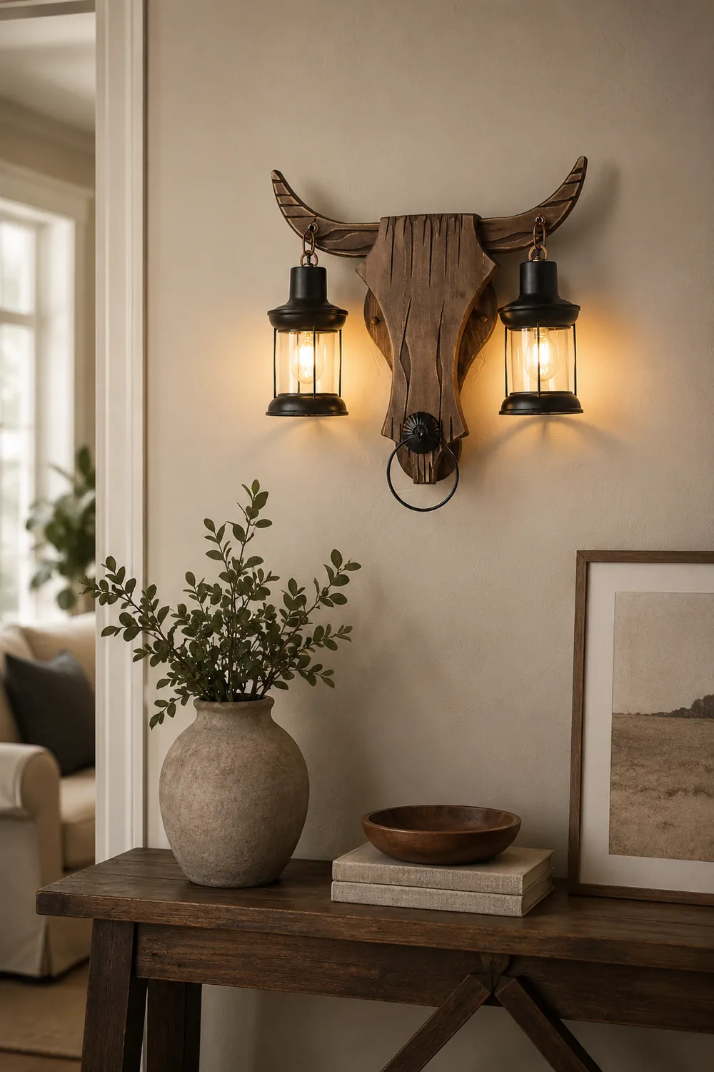Austin Wall Lamp Bull Shape Vintage, 2 Heads Wood/Metal, Bedroom - Lumpaz