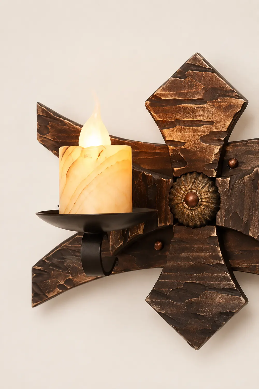 Austin Wall Lamp Decorative Vintage Candle Double Light Wooden, Bedroom - Lumpaz