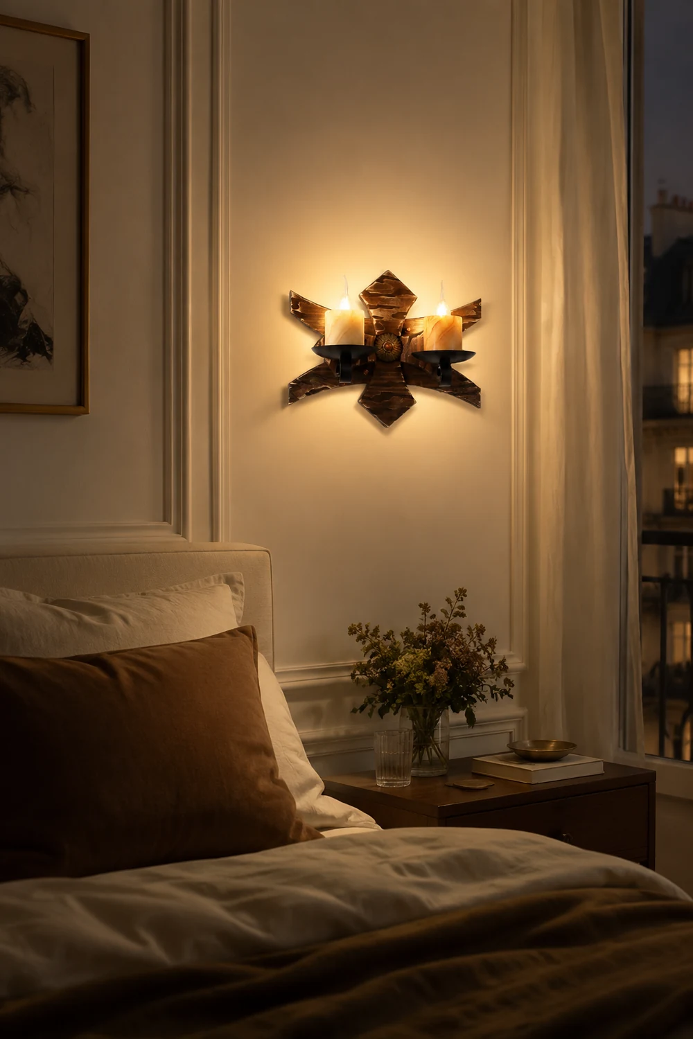 Austin Wall Lamp Decorative Vintage Candle Double Light Wooden, Bedroom - Lumpaz