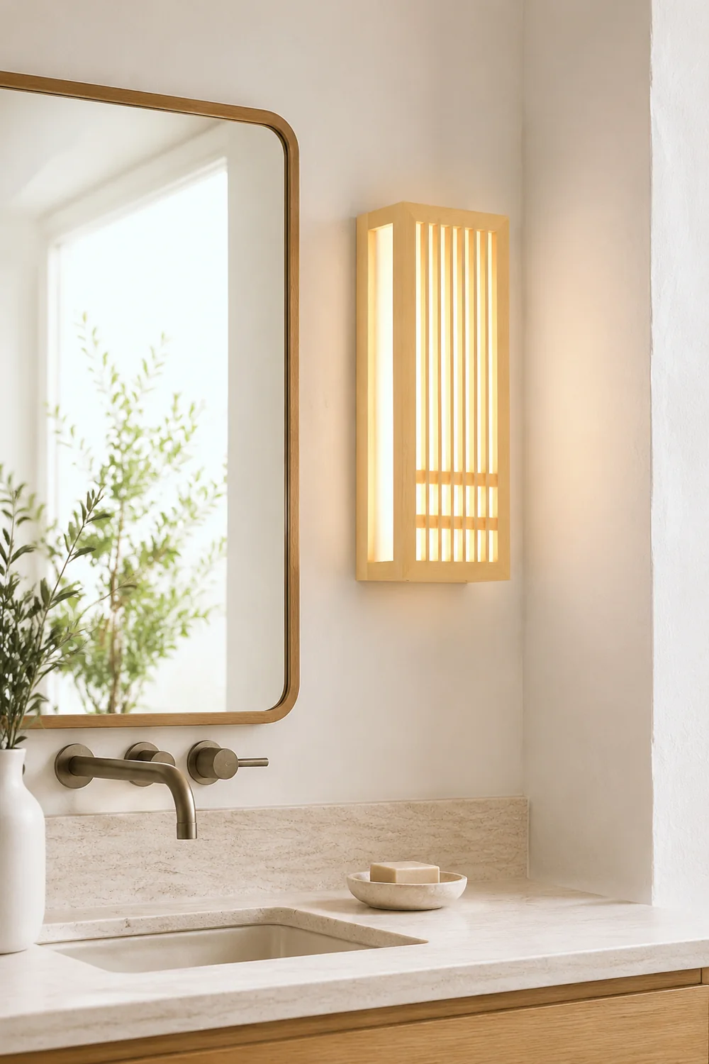 Ozawa Wall Lamp Rectangular Rustic, Wood/Acrylic, Log Color, Bedroom - Lumpaz