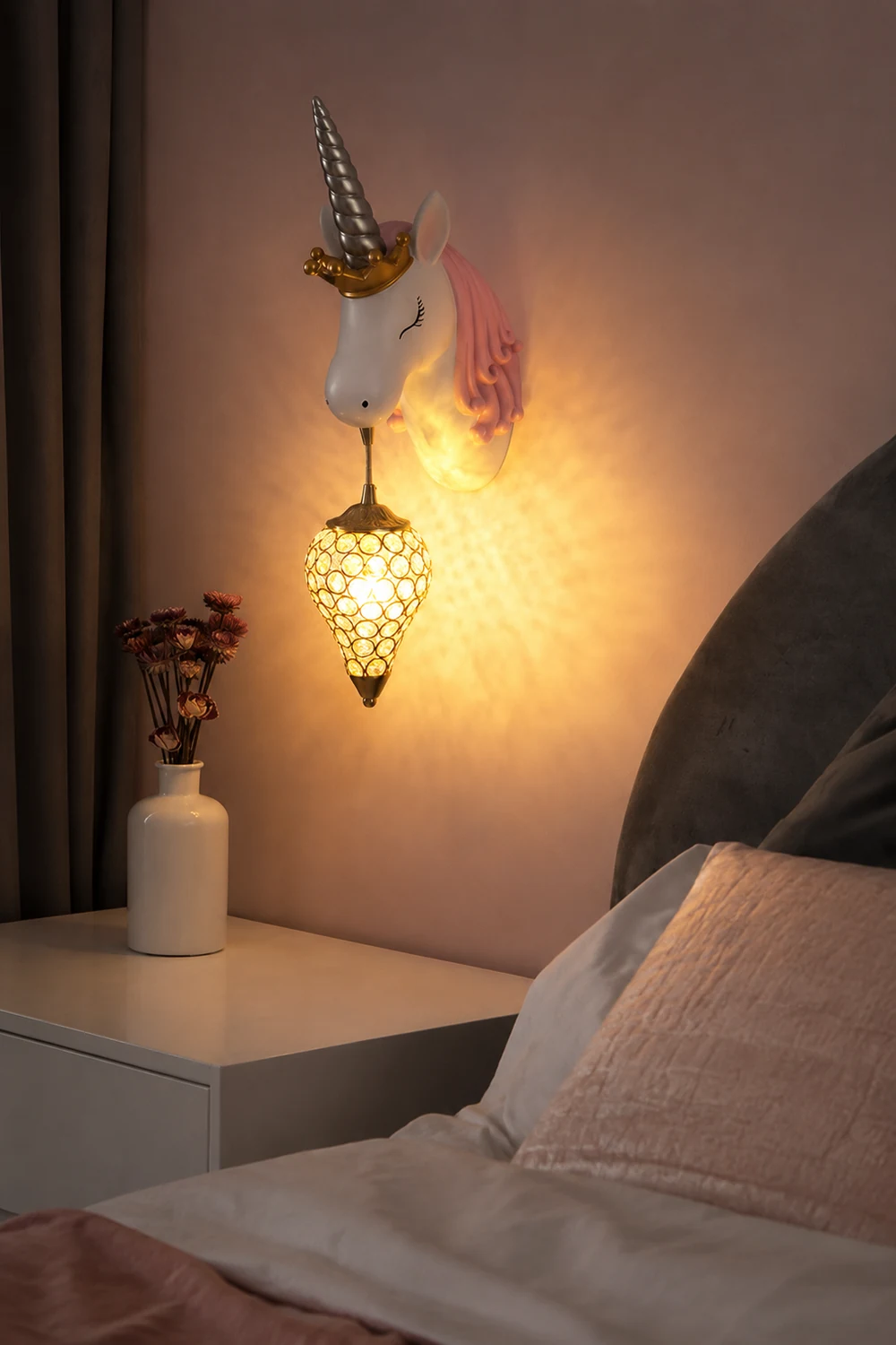 Minori Modern Unicorn/Strawberry Art Wall Lamp, Pink/Blue - Lumpaz