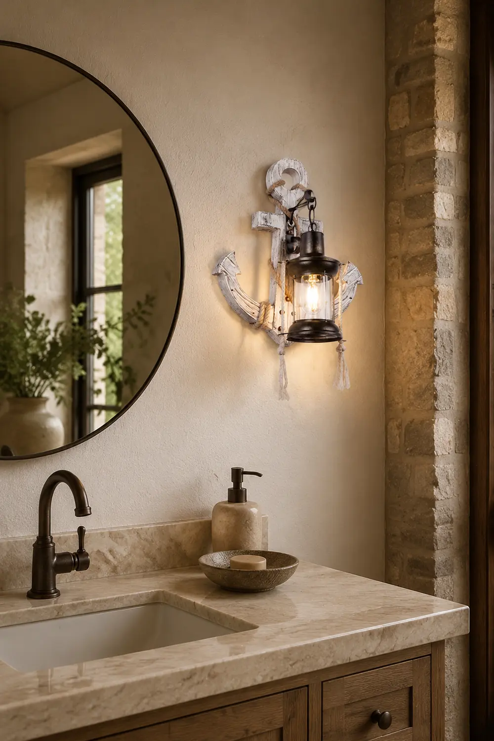 Austin Anchor Lantern Wall Lamp, Vintage/Antique, Wood, Bedroom - Lumpaz