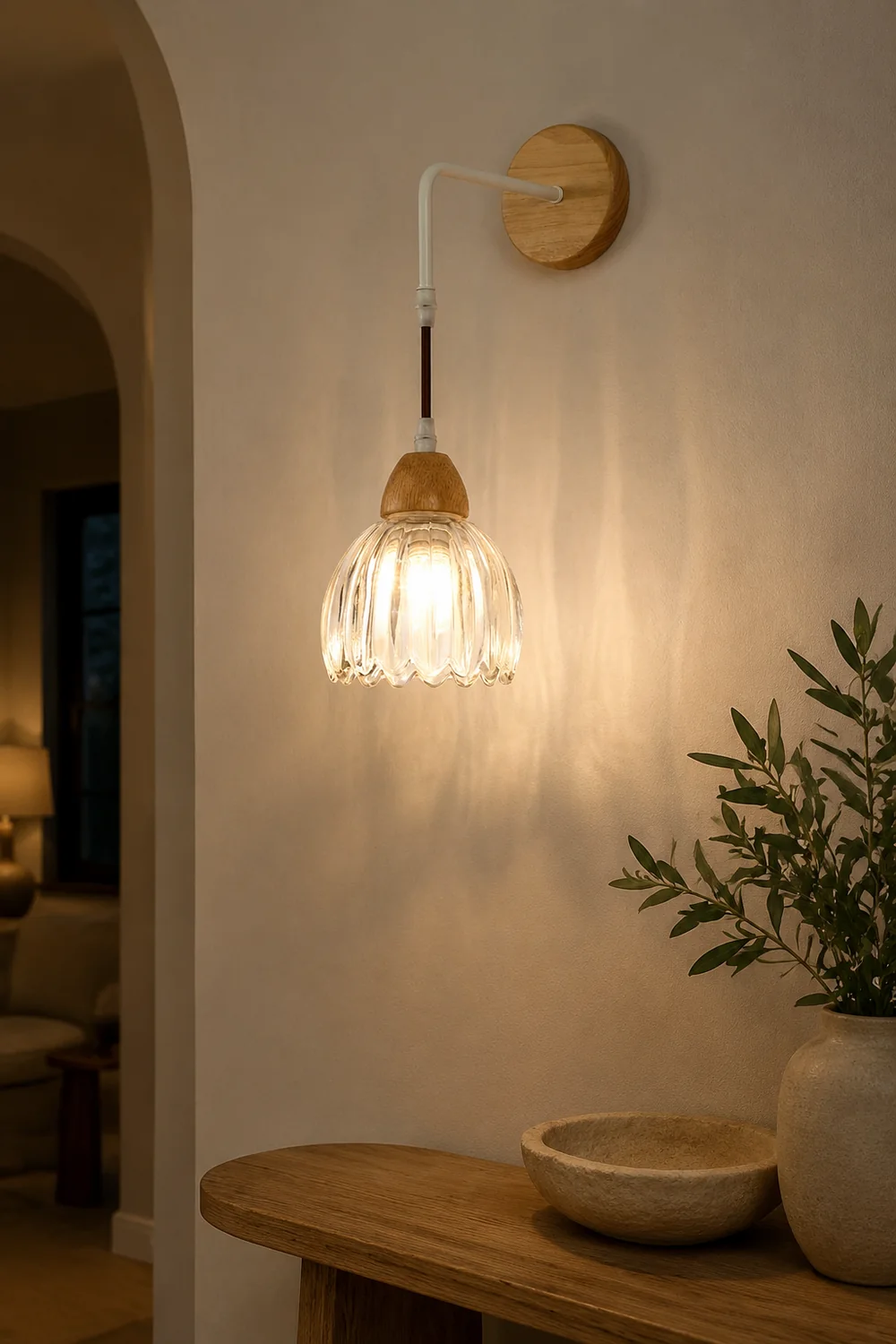 Lily Pleated Clear Wooden Bedroom Vanity Wall Lamp - Lumpaz