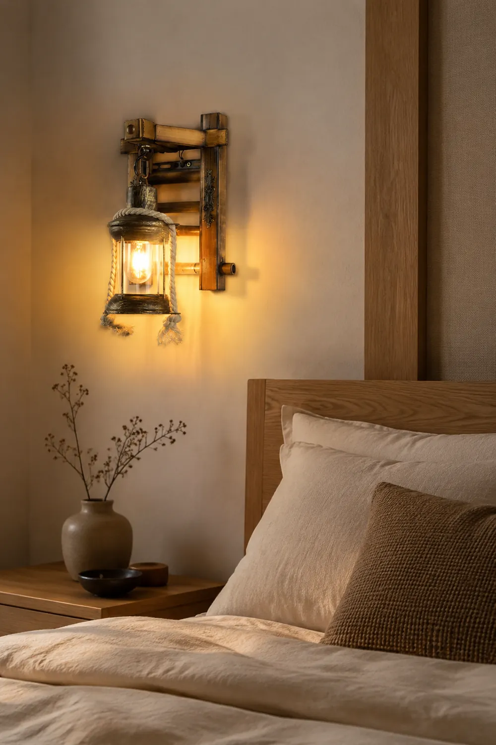 Austin Vintage Lantern Shape Wood Metal Wall Lamp - Lumpaz