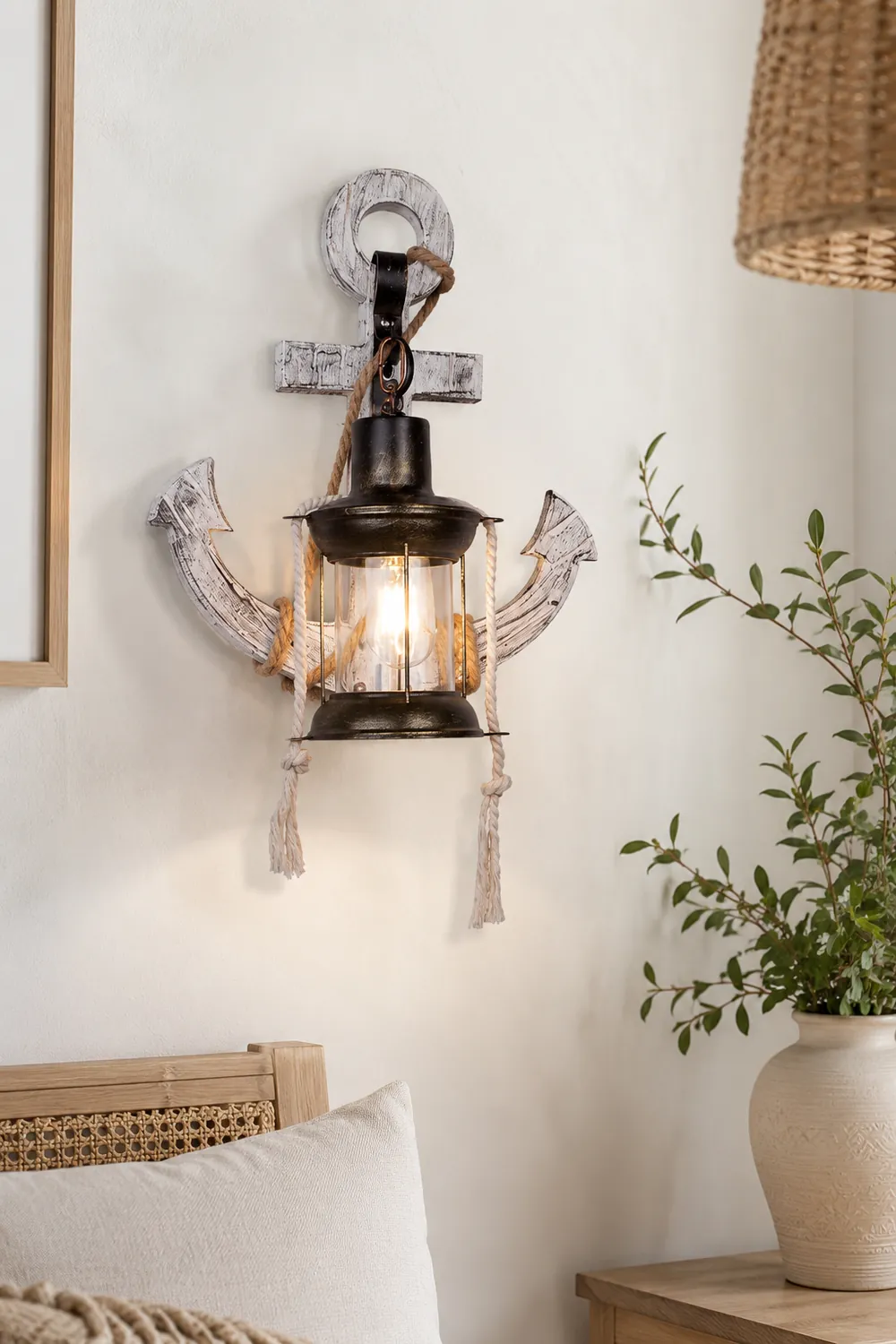 Austin Anchor Lantern Wall Lamp, Vintage/Antique, Wood, Bedroom - Lumpaz