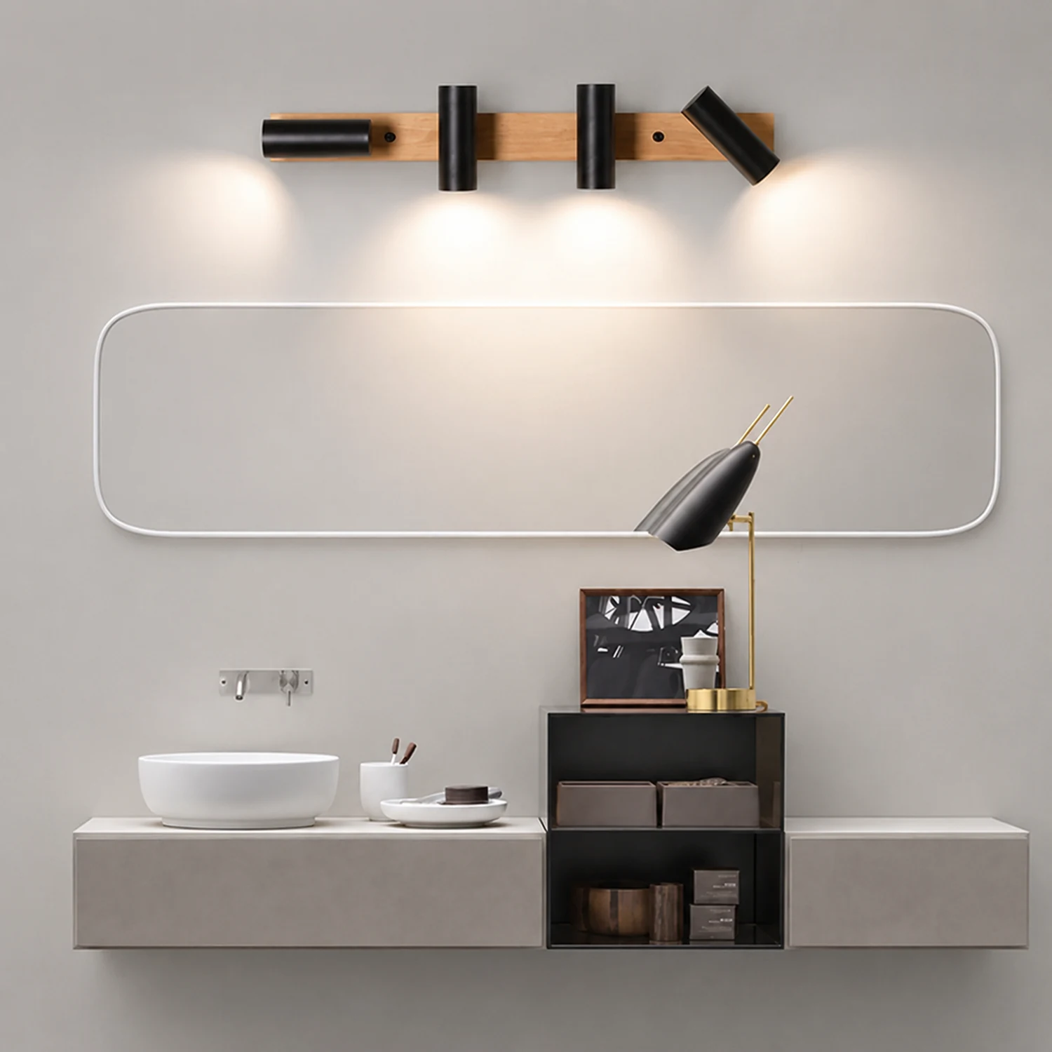 Ozawa Rotatable Spotlight Mirror Front Vanity Wall Lamp, Wood/Metal - Lumpaz